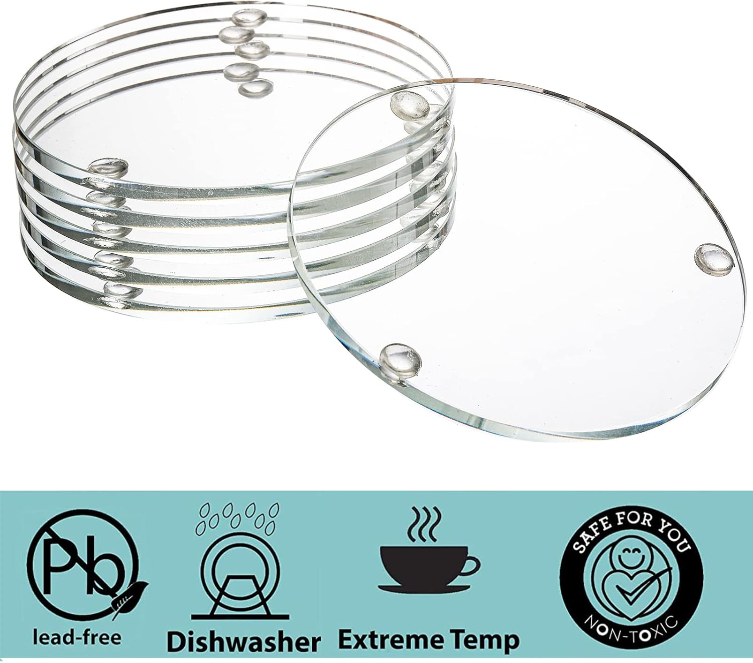 Round Glass Drink Coasters / Clear / 3.5 Inch / Set of 6