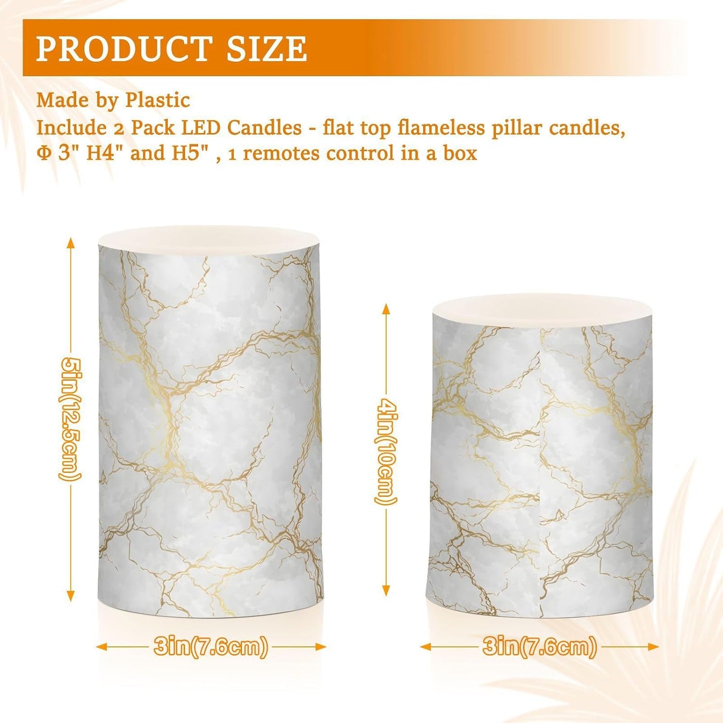Flickering Flameless Candles, Marble Gray White Golden Texture LED Candles with Remote Timer, Set of 2 Battery Operated