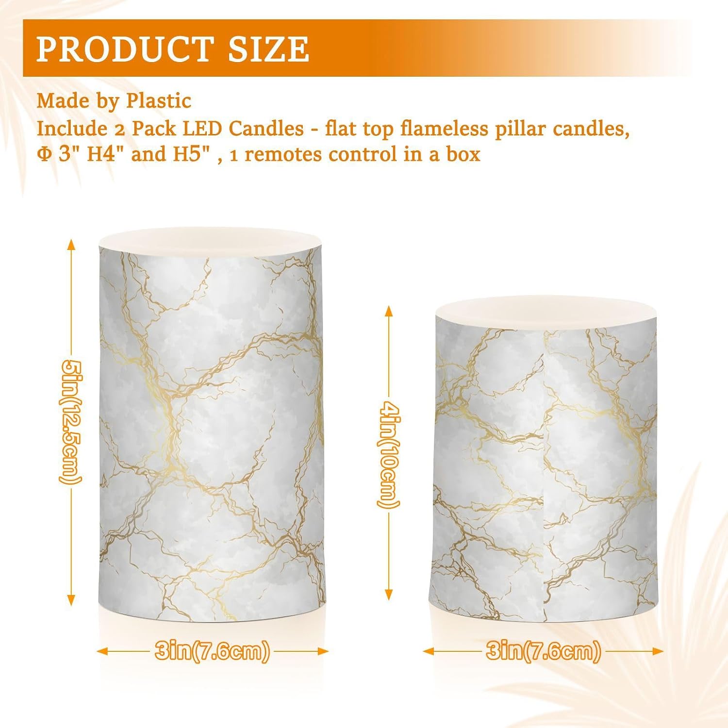 Flickering Flameless Candles, Marble Gray White Golden Texture LED Candles with Remote Timer, Set of 2 Battery Operated