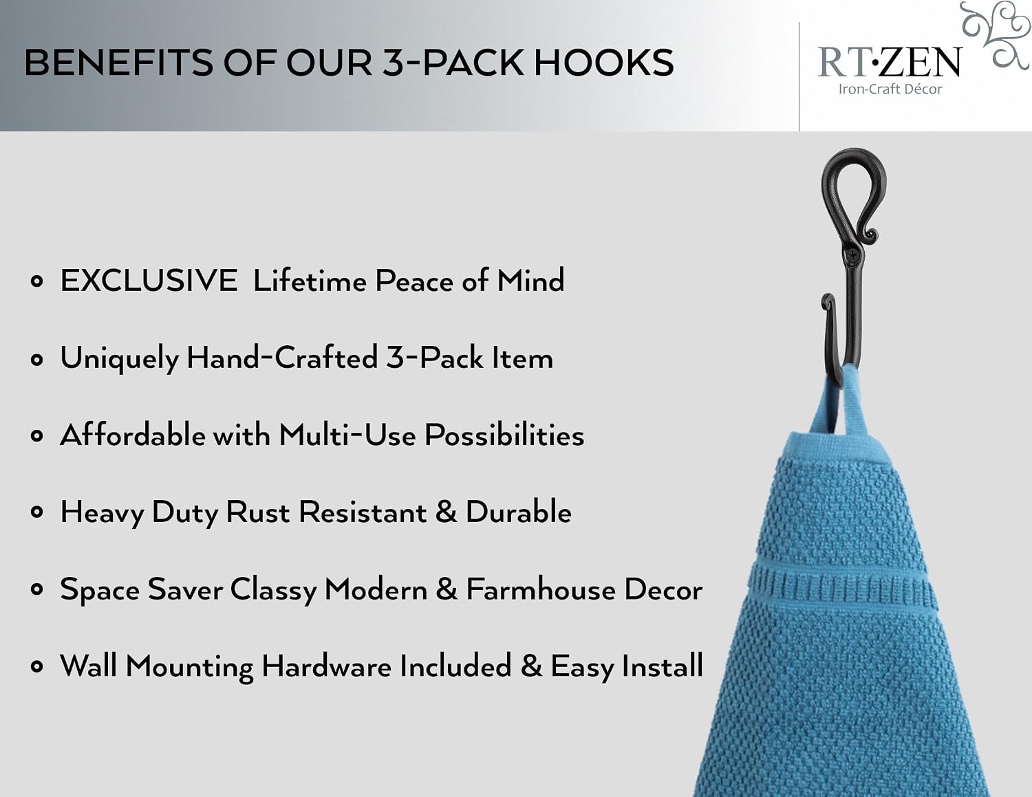 Wrought Iron Decorative Rustic Metal Coat Hooks for Hanging / Hook Loop
