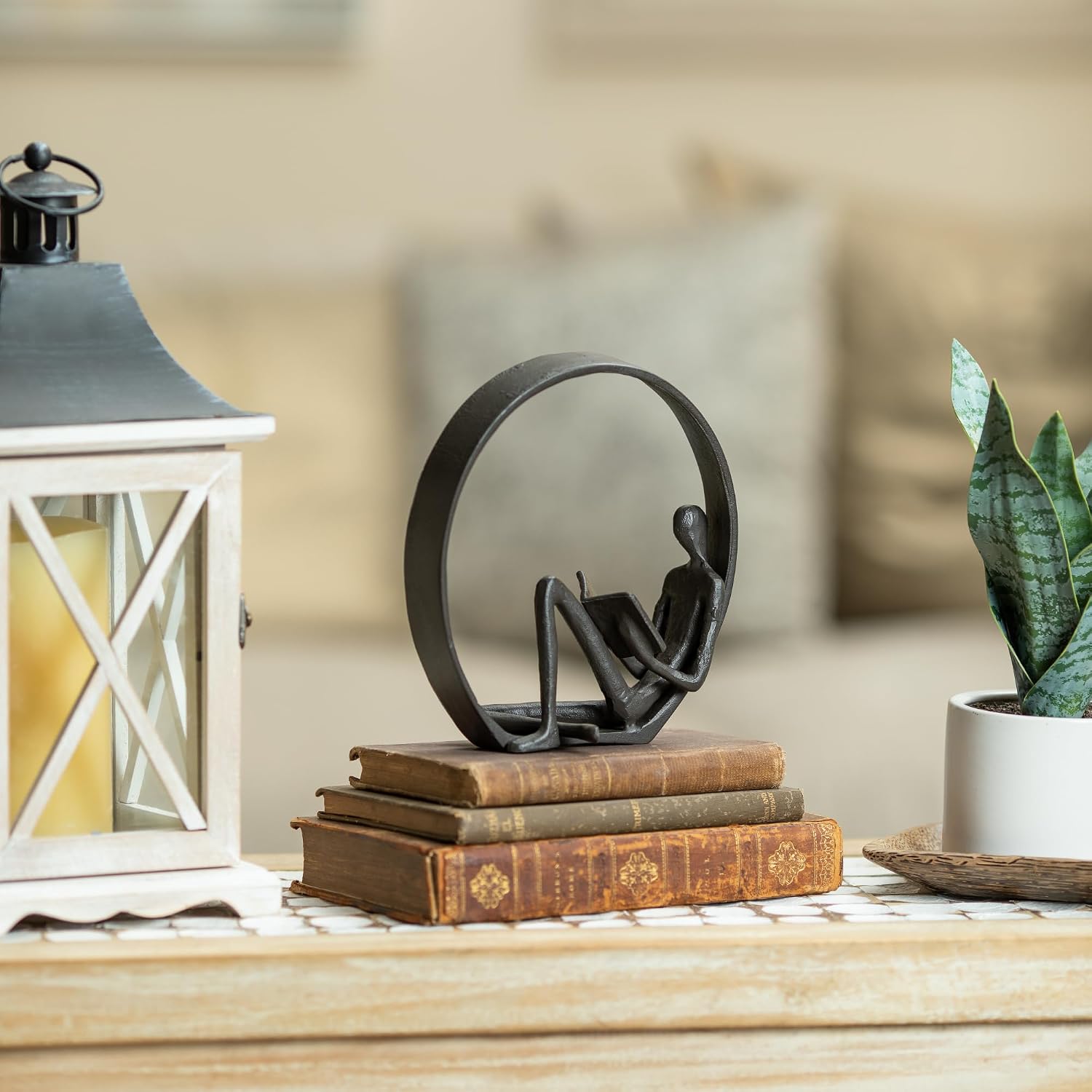 . Contemporary Encircled Male & Female Reader Cast Iron Sculpture Bookend Statues / Home Decor