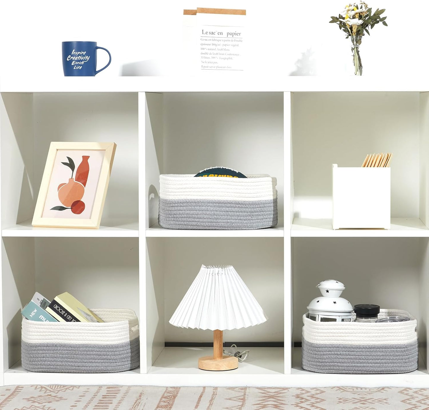 Small Cotton Rope Storage Baskets for Organizing Woven / 11.8 x 7.8 x 5 / White&grey / Set of 3