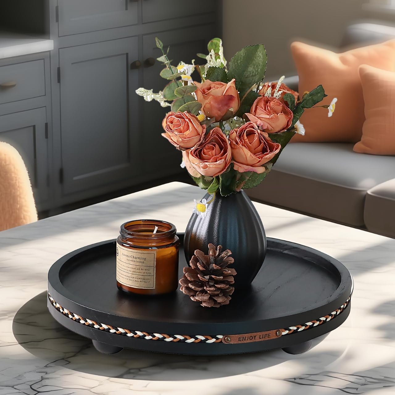 Farmhouse Decorative Round Tray / Black with Stripes / 11.81 Inch