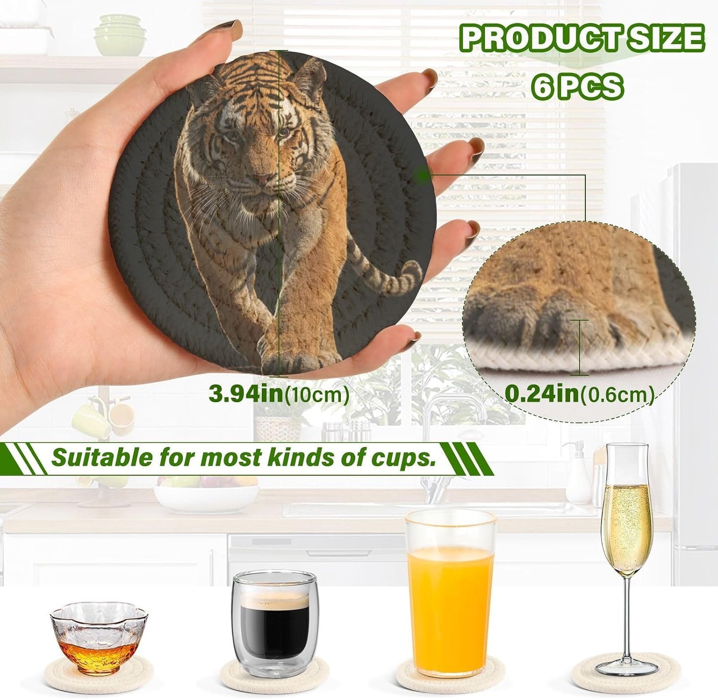 Coasters for Drinks Walking Tiger Pattern Absorbing Round Table Mat for Mugs and Cups / Multi 10