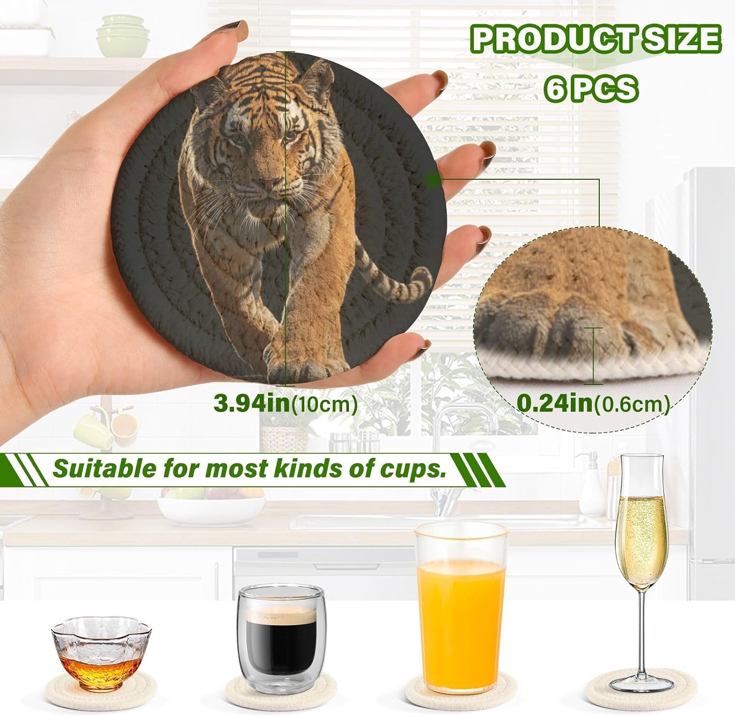 Coasters for Drinks Walking Tiger Pattern Absorbing Round Table Mat for Mugs and Cups / Multi 10