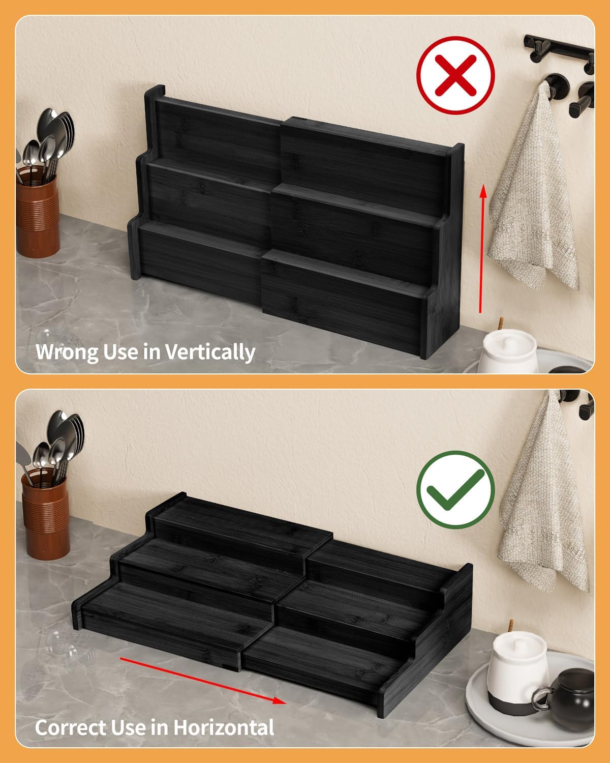 Spice Rack 3-Tier Natural Bamboo, Adjustable Cabinet Organizer Shelf | Expands 8.7-15.6"cabinets. Stepped design