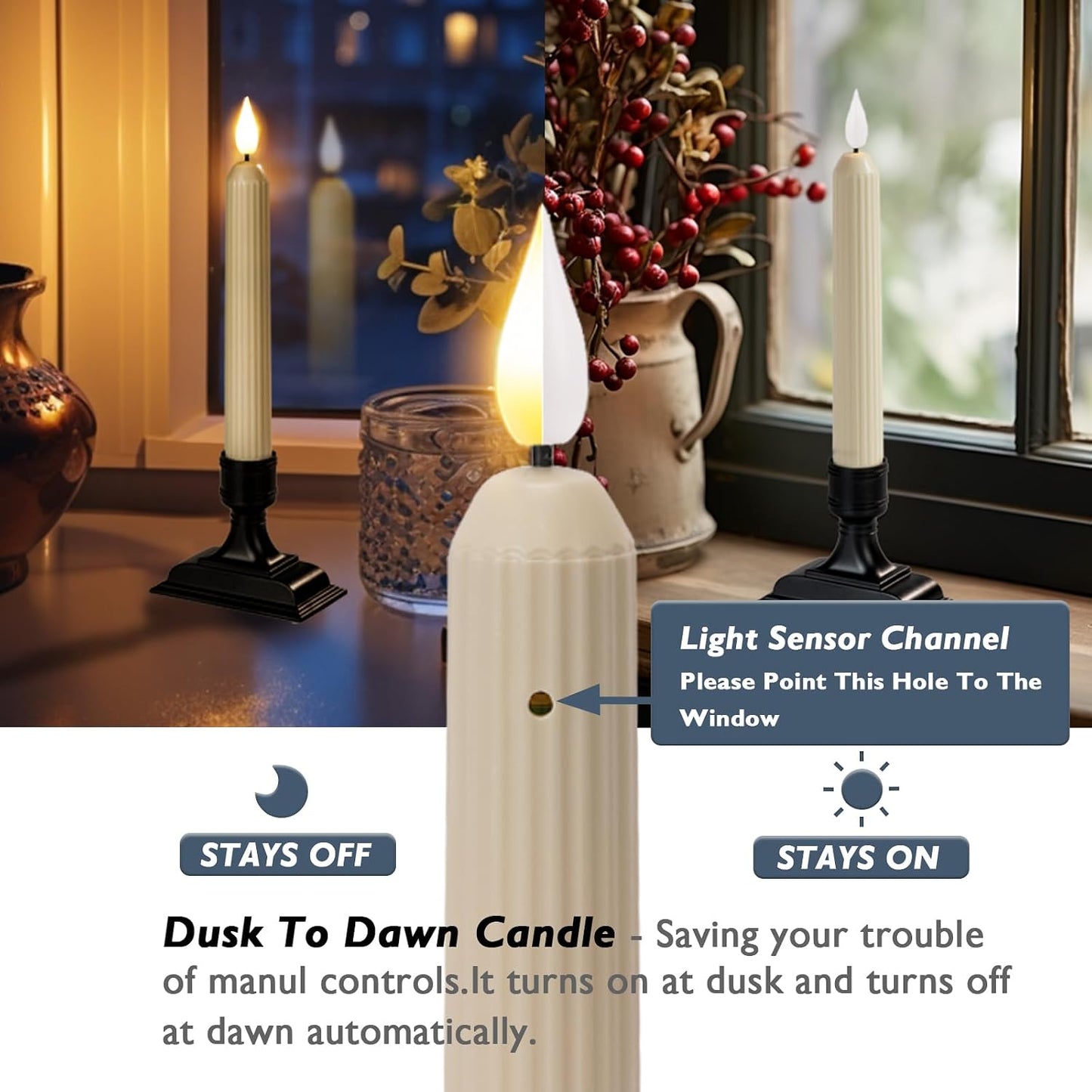 Homemory 6 Pcs Window Candles with Sensor Dusk to Dawn, Ivory Electric Window Candle Flickering, Christmas Fake Candles