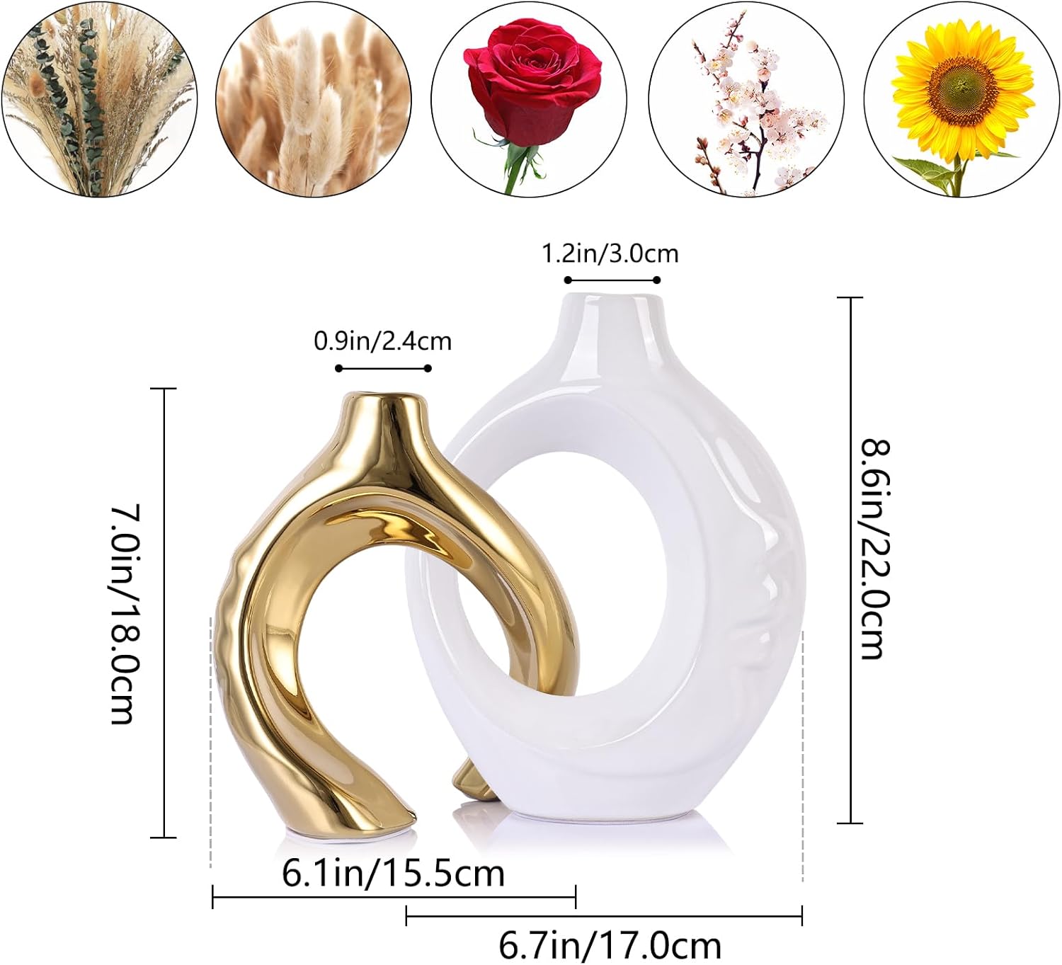 Ceramic Vases / Boho Vase for Flowers Pampas Grass Decorative / White and Gold