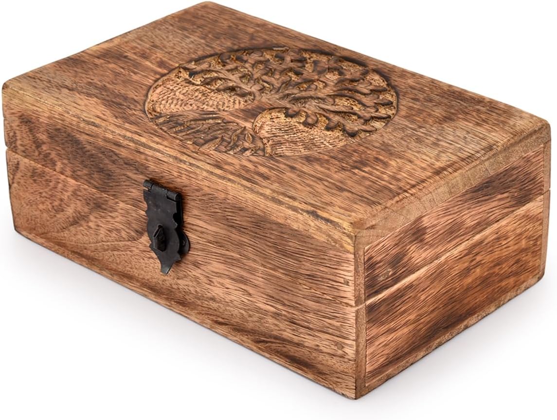 Handmade Mango Wood Tree of Life Engraving Beautifully Keepsake Box Jewellery Organiser Unique Gift
