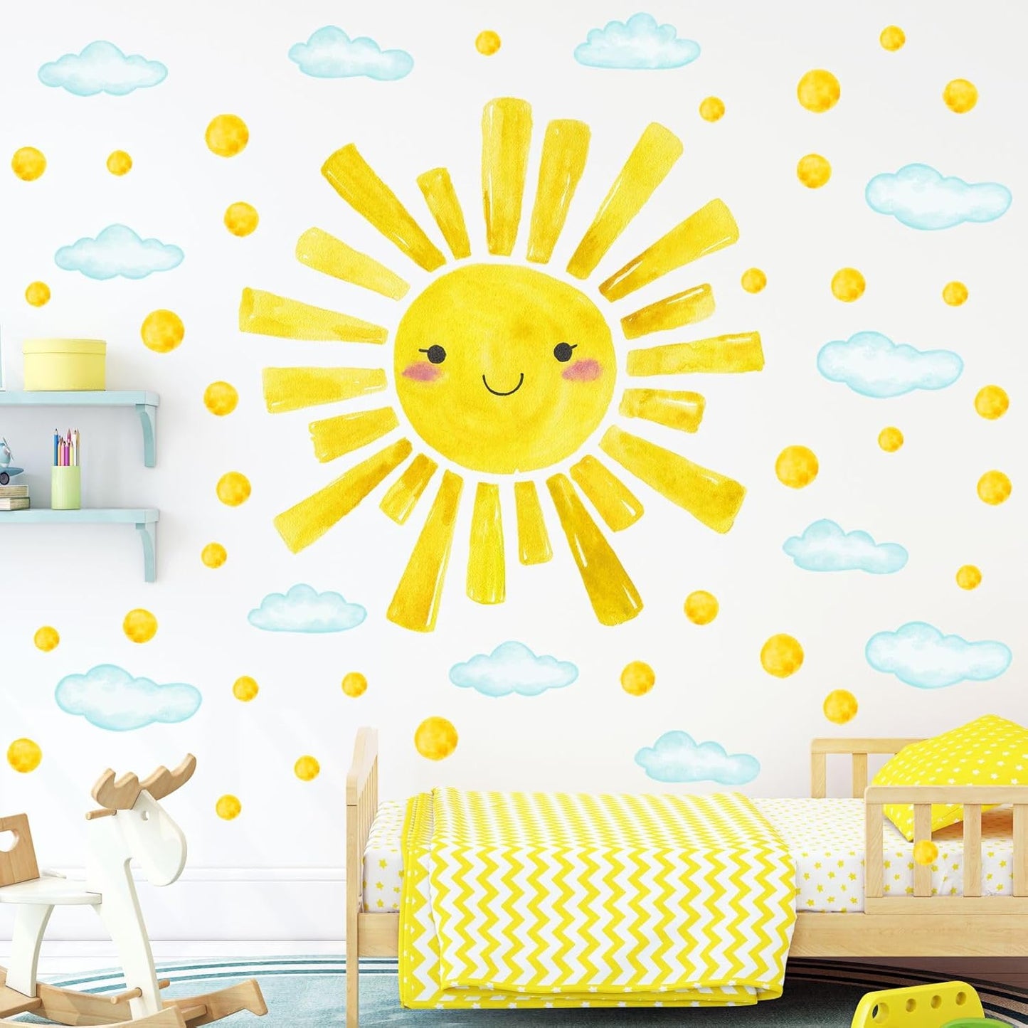 Watercolor Large Sun Wall Decals Cloud Polka Dots Wall Stickers for Kids Room / Smile Sun