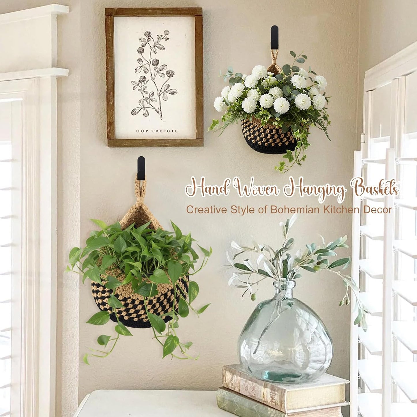 Boho Decor Hanging Wall Baskets / Linen with Black / Cotton Rope / Teardrop / Set of 3
