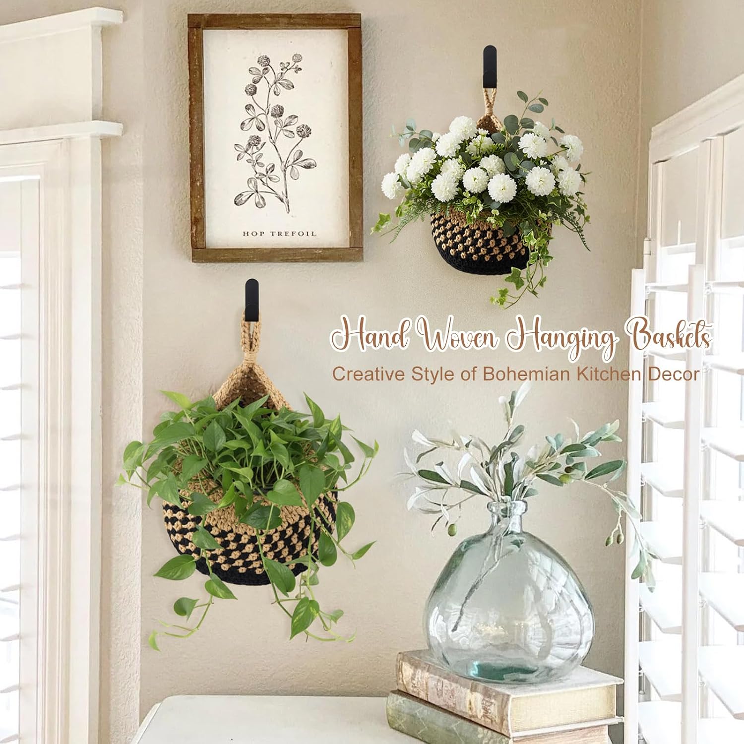 Boho Decor Hanging Wall Baskets / Linen with Black / Cotton Rope / Teardrop / Set of 3