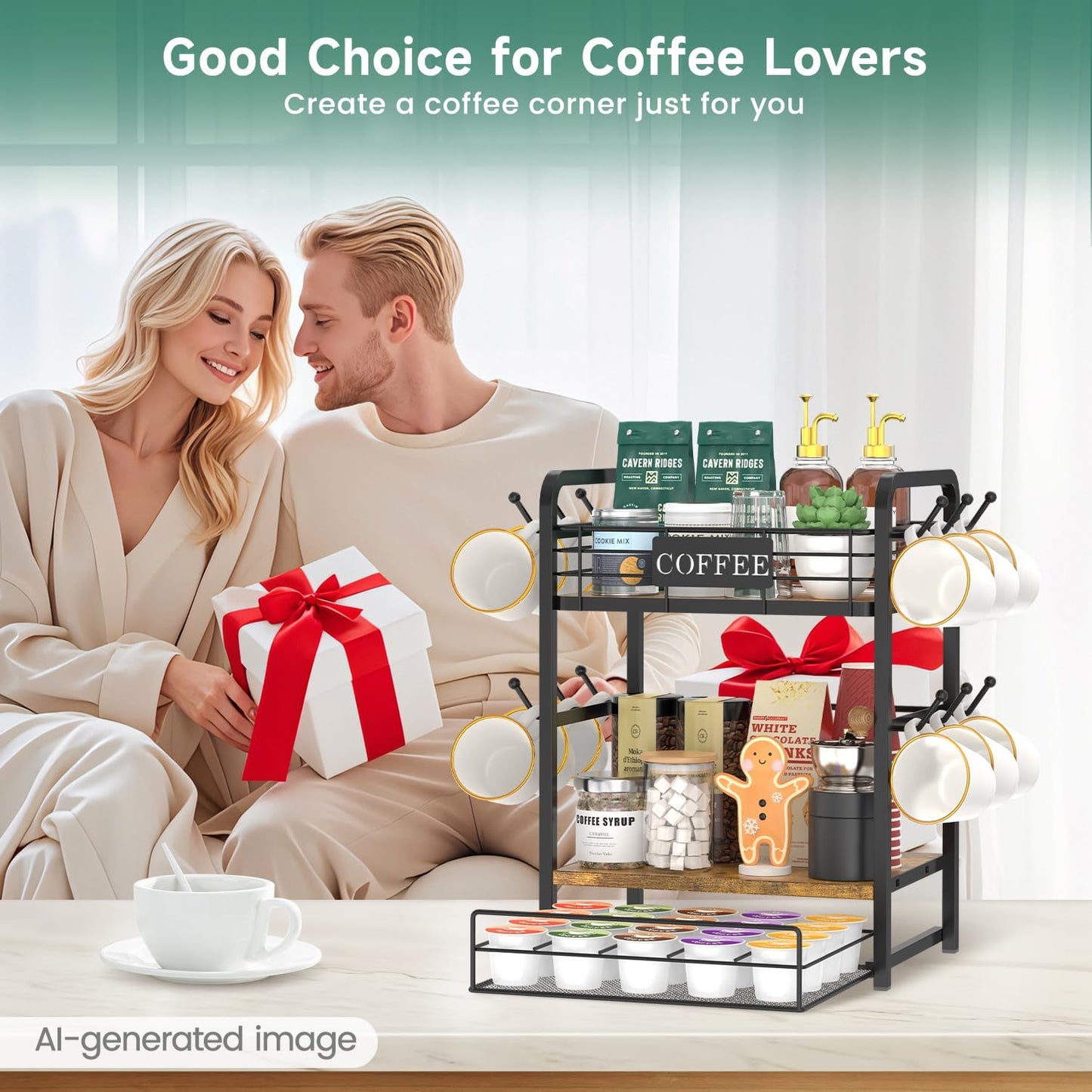 EsLuker.ly Coffee Bar Organizer Station Shelf Mug Holder, with 12 Hooks | 3 Tier Coffee Cup Stand Rack for Countertop