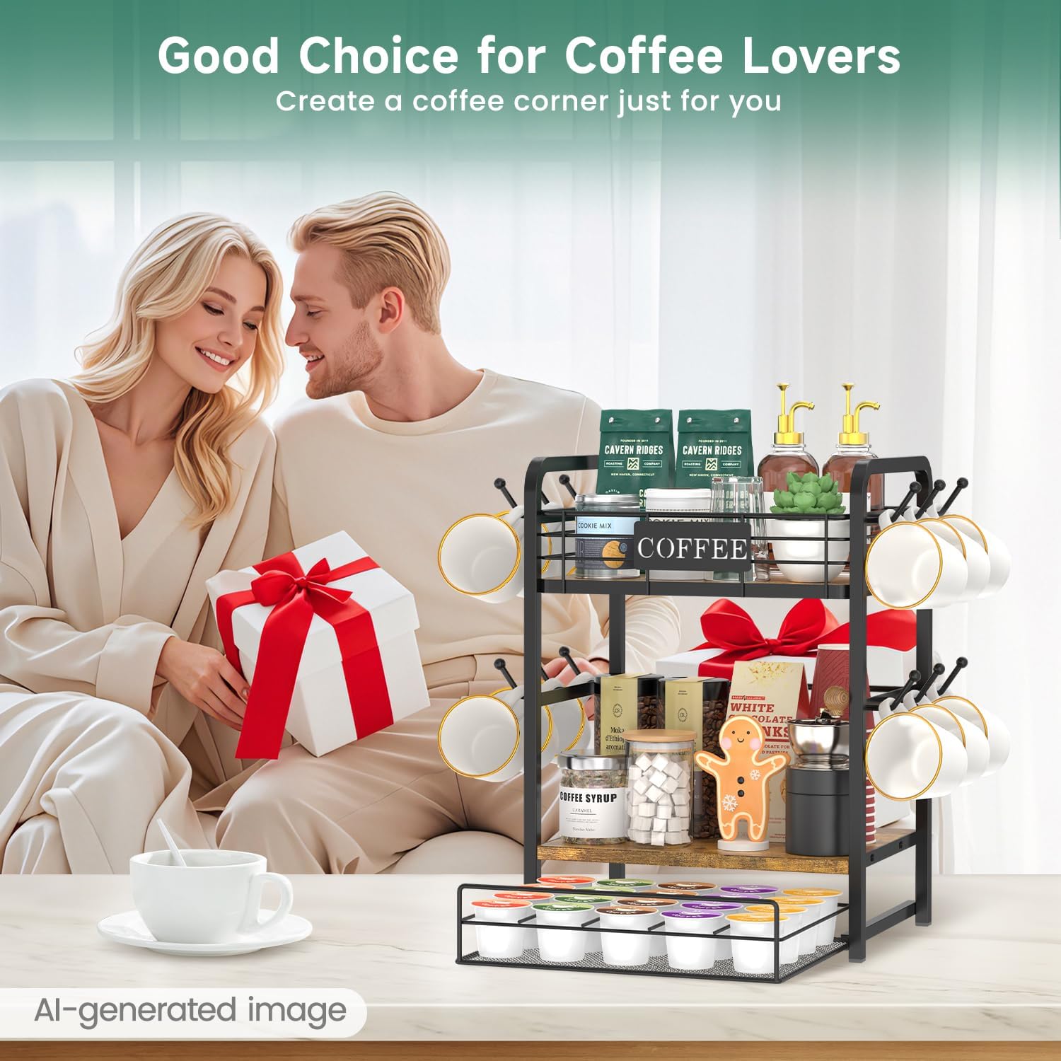 EsLuker.ly Coffee Bar Organizer Station Shelf Mug Holder, with 12 Hooks | 3 Tier Coffee Cup Stand Rack for Countertop