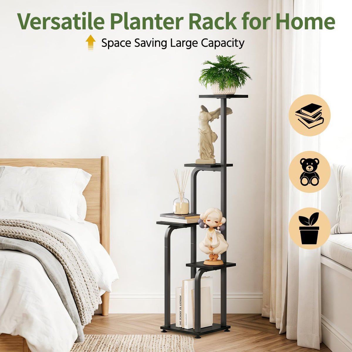 LASZOLA Plant Stand Shelf Tall for Indoor Corner Flower Rack, 5 Tier Black | Modern Multiple Display with Wooden Tray