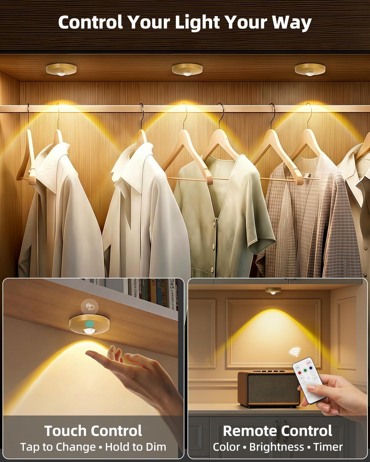Rechargeable Puck Lights with Remote Control, 1500mAh Battery Operated Tap Lights, Dimmer & Timer Under Cabinet
