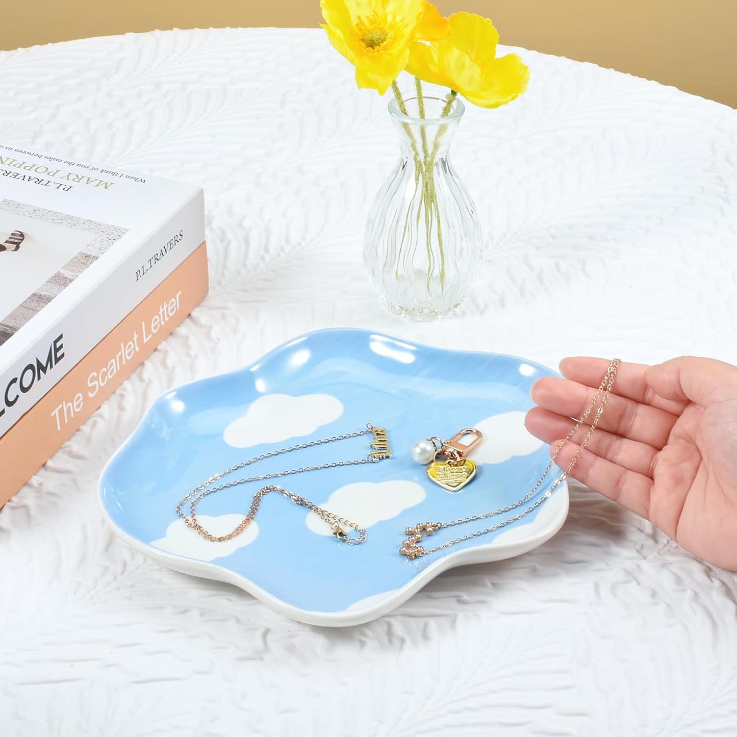 Ceramic Jewelry Dish Trinket Tray Organizer / Blue Sky and White Clouds