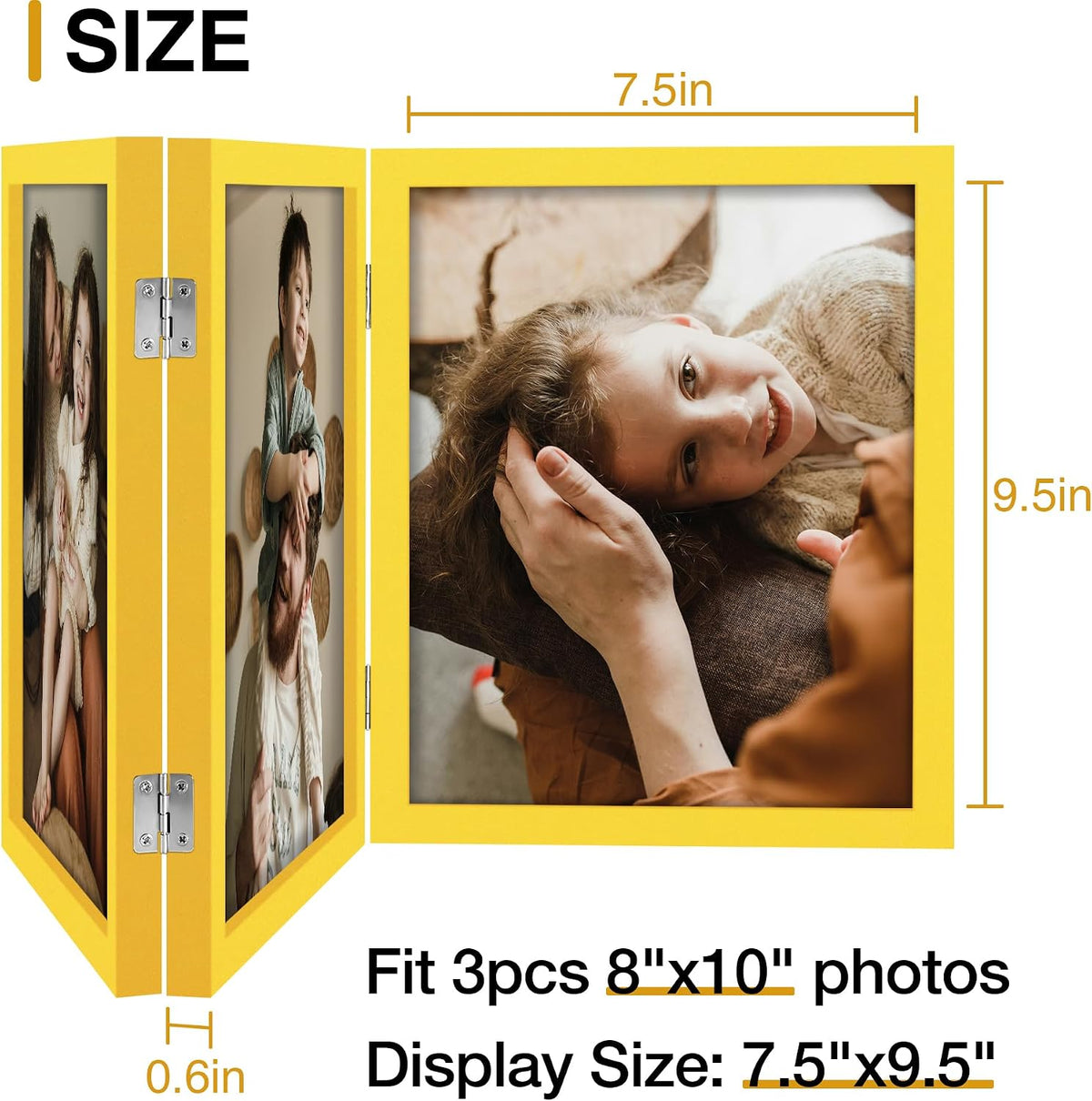 decorUhome Yellow Triple 8x10 Picture Frame Vertical, MDYL08 | "Z" Shape Folding Design Engineered Wood Trifold Photo