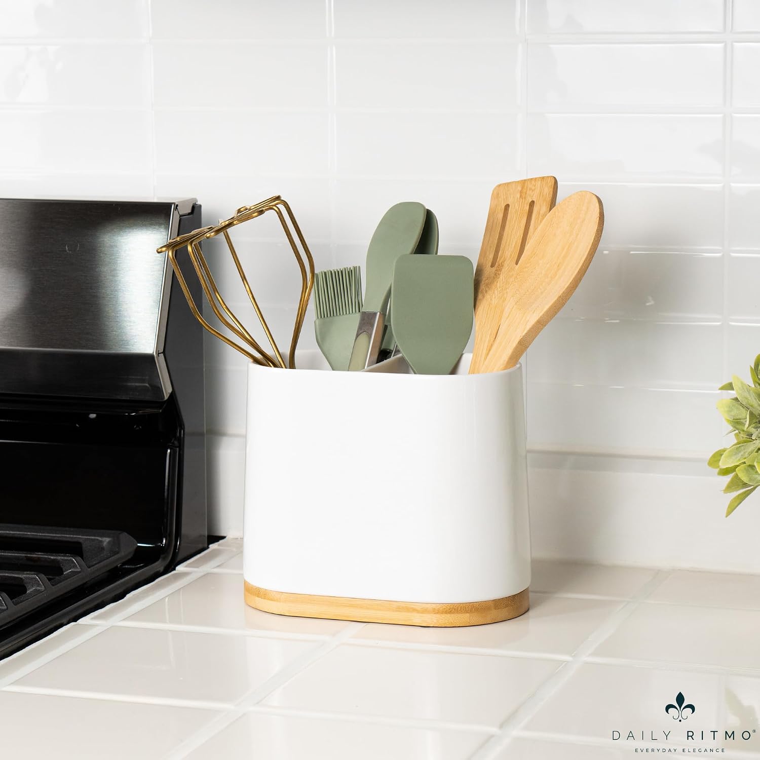 DAILY RITMO® White Large Oval Utensil Holder with Bamboo Wooden Base
