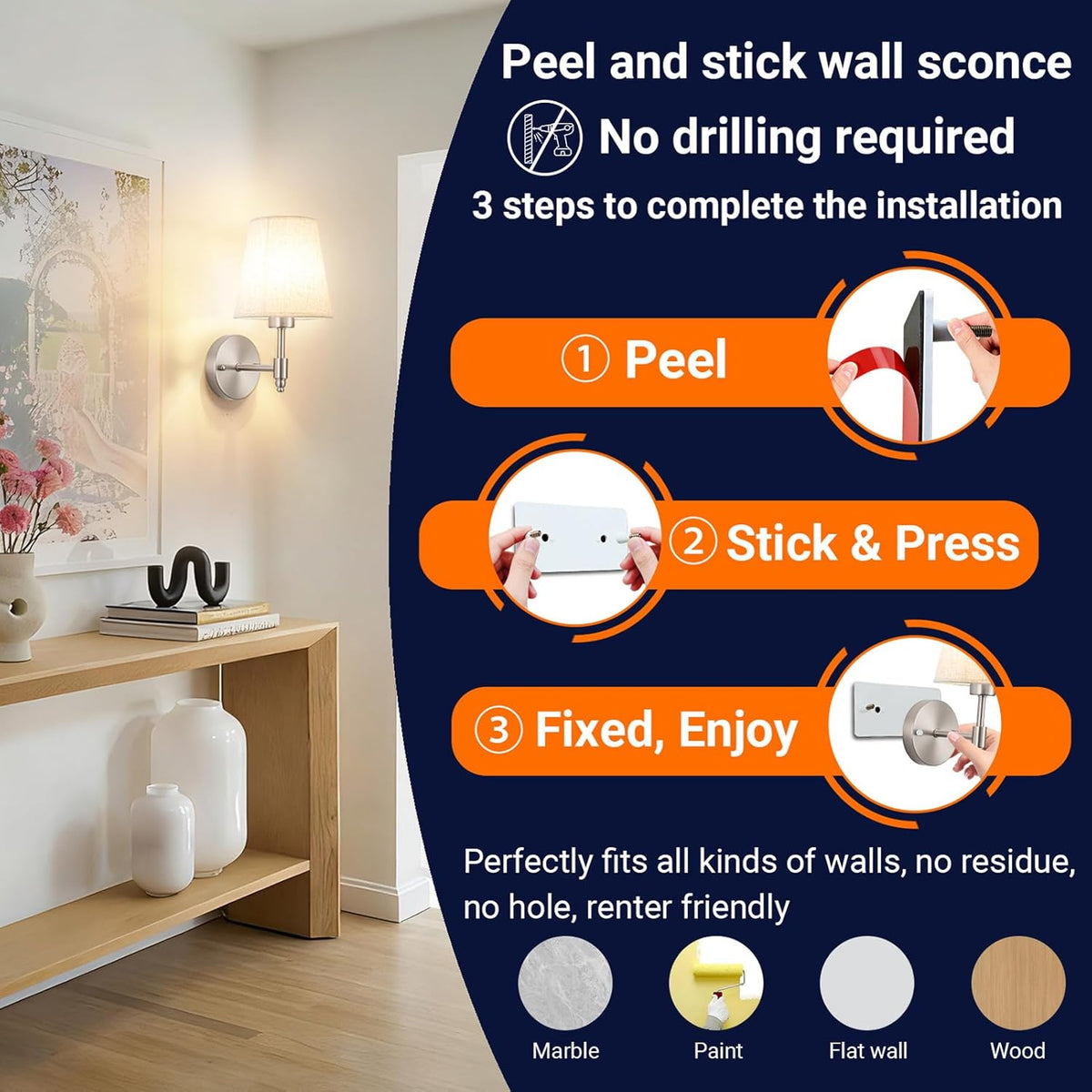 YHCDLAMP Peel and Stick Wall Sconces, No Drilling Stick On Wall Sconce, Wireless Battery Operated Wall Lights, Adhesive