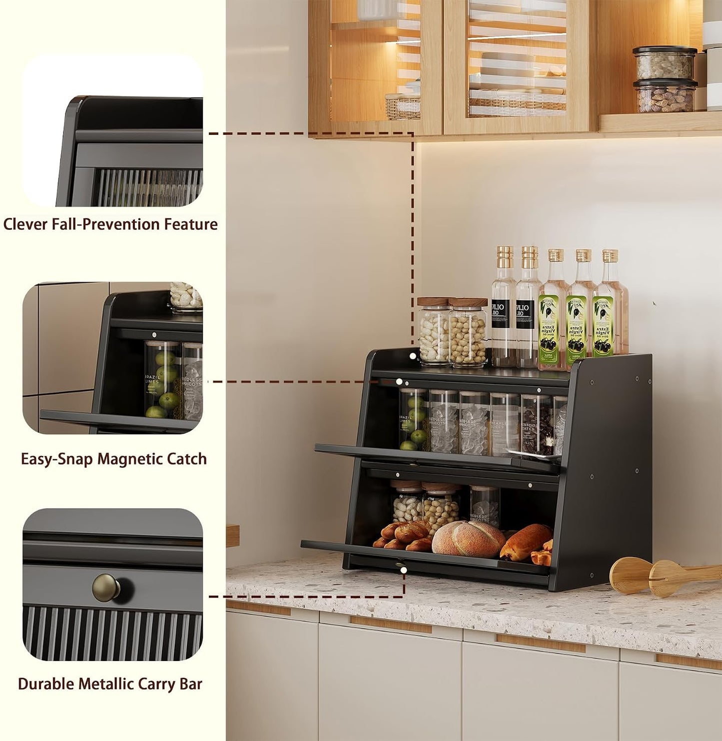 Double Layer Large Bamboo Bread Box for Kitchen Counter, Wooden Large Capacity Bread Storage Bin with Window Bread