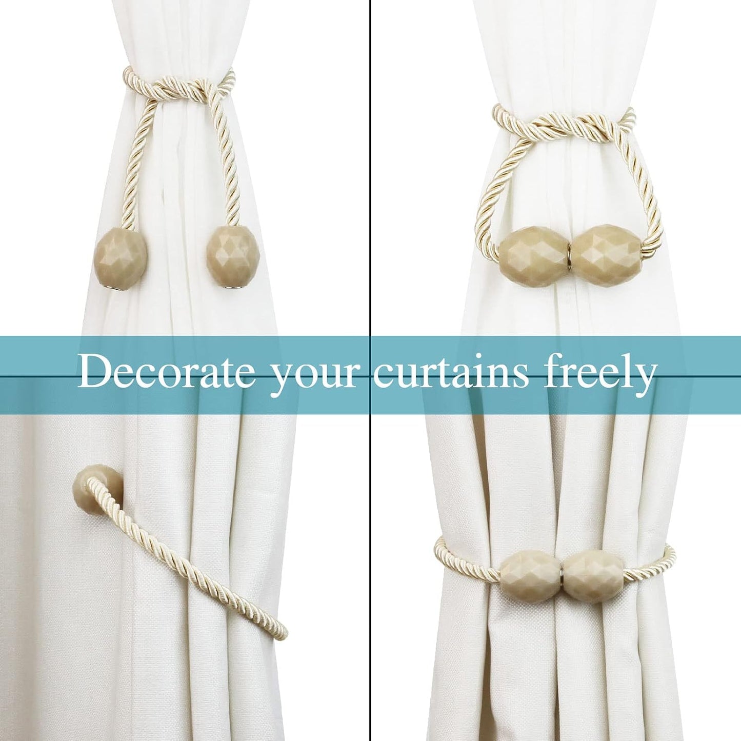 Strong Magnetic Curtain Tiebacks Decorative Rope Tie Backs Holdbacks Porlau | 6 Pack Beige Outdoor Curtain Rope