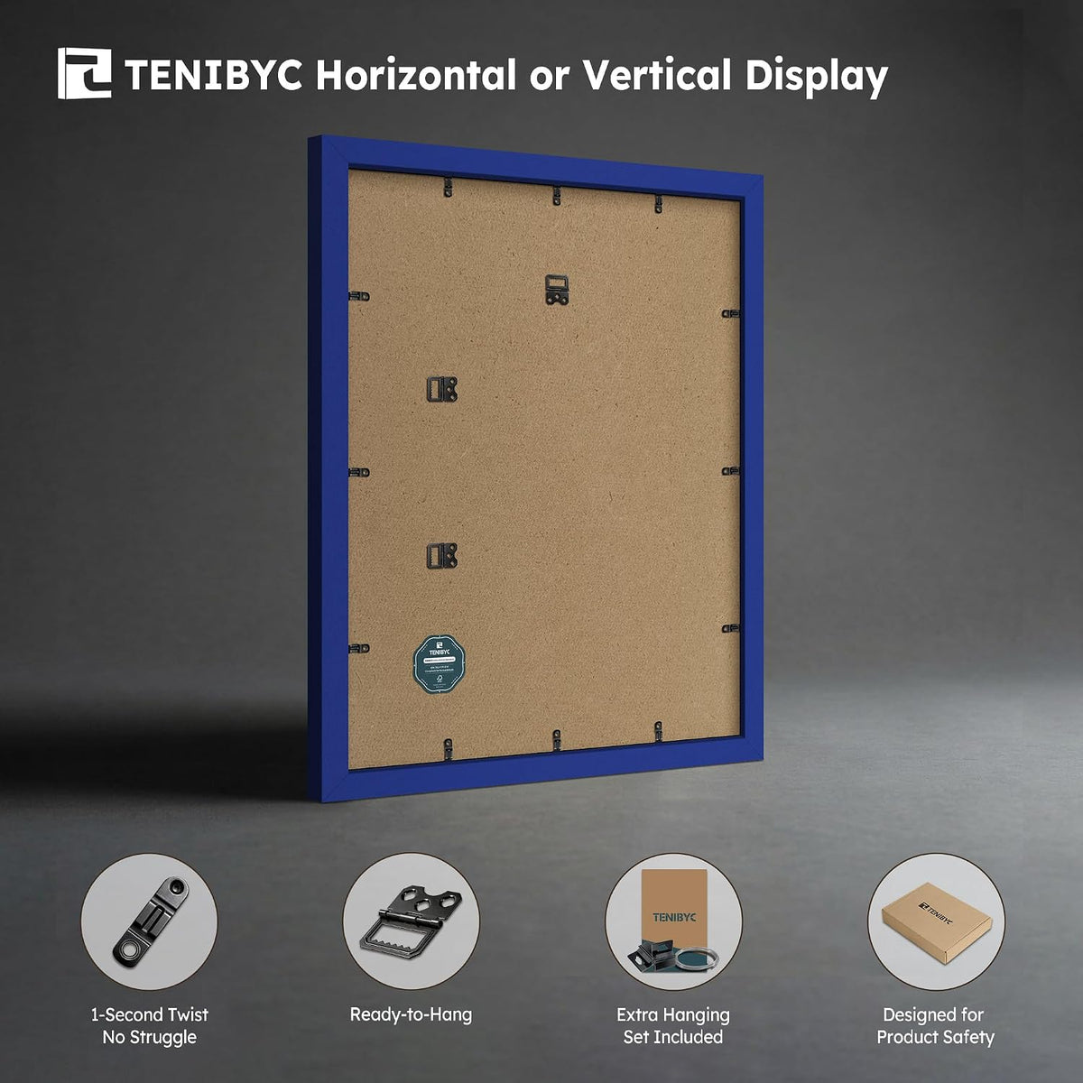 11x14 Picture Frame 3 Pack, Blue Wood, Real Glass, for Photo, Art | Thick HD Tempered Glass, Wall Hanging, Horizontal