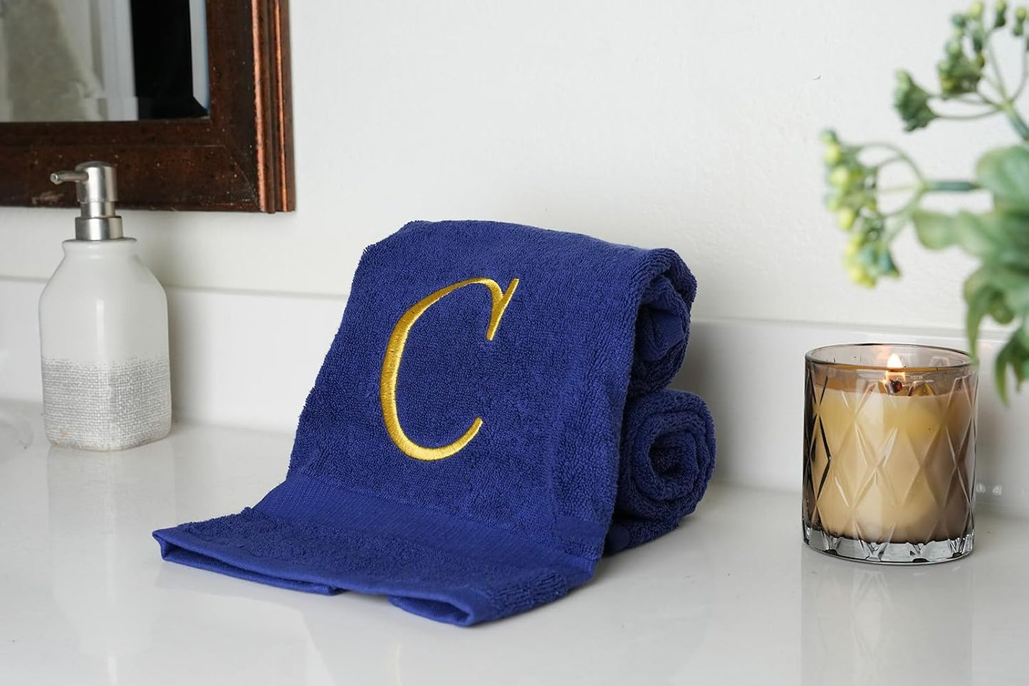 Navy with Gold Monogrammed Hand Towels for Bathroom - Set of 2 Letter C | Luxury Hotel Quality Initial Towels For