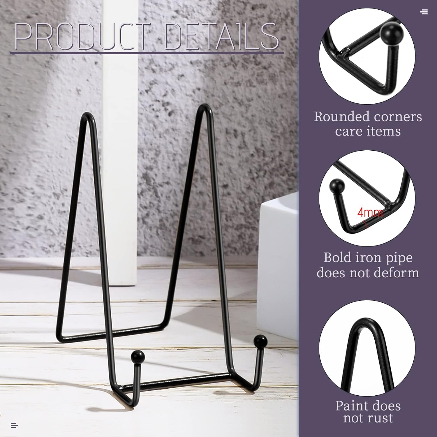 Book Stands for Display Metal Picture Frame Stand Book Plate Picture / 6 Inch / Black / Set of 12