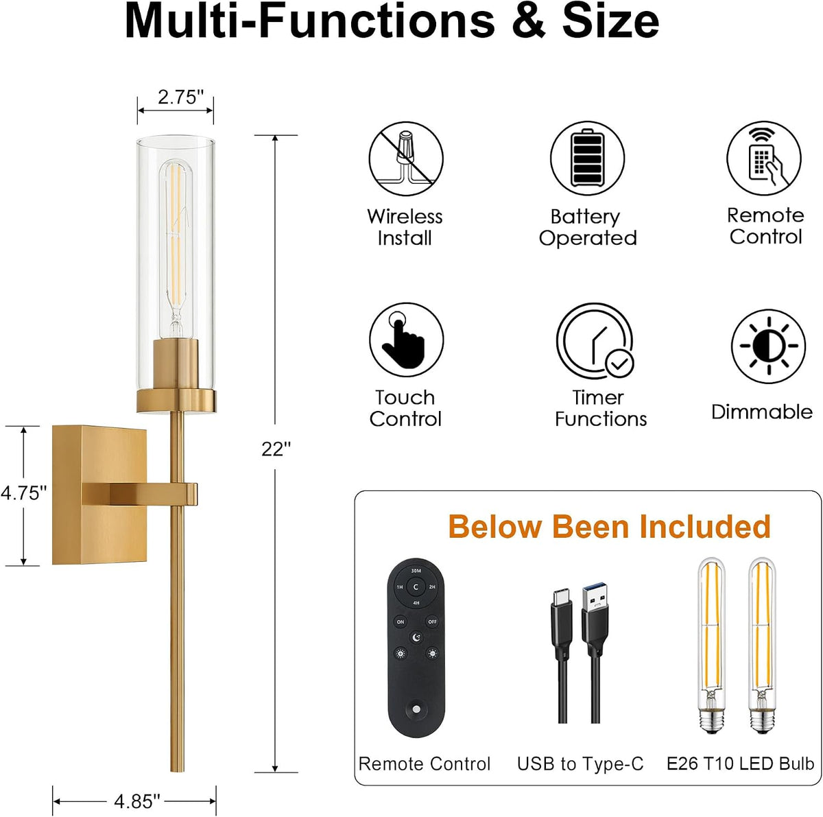 Wireless Wall Sconces with Remote Control, Brushed Gold Battery Operated Wall Sconce Set of 2, Dimmable Rechargeable