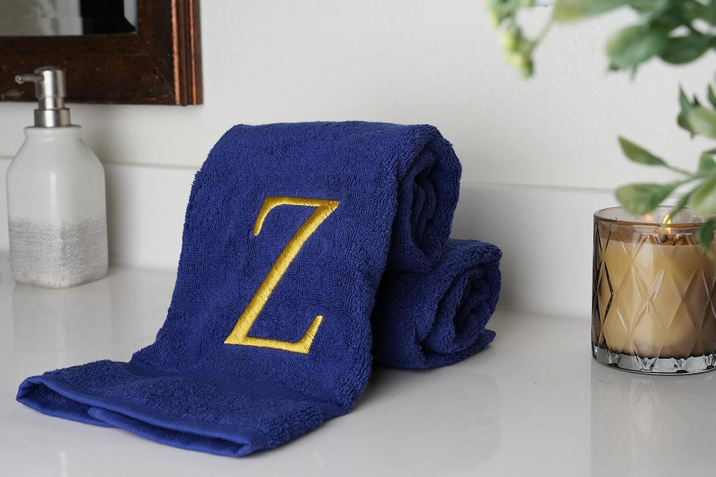 Navy with Gold Monogrammed Hand Towels for Bathroom - Set of 2 Letter Z | Luxury Hotel Quality Initial Towels For