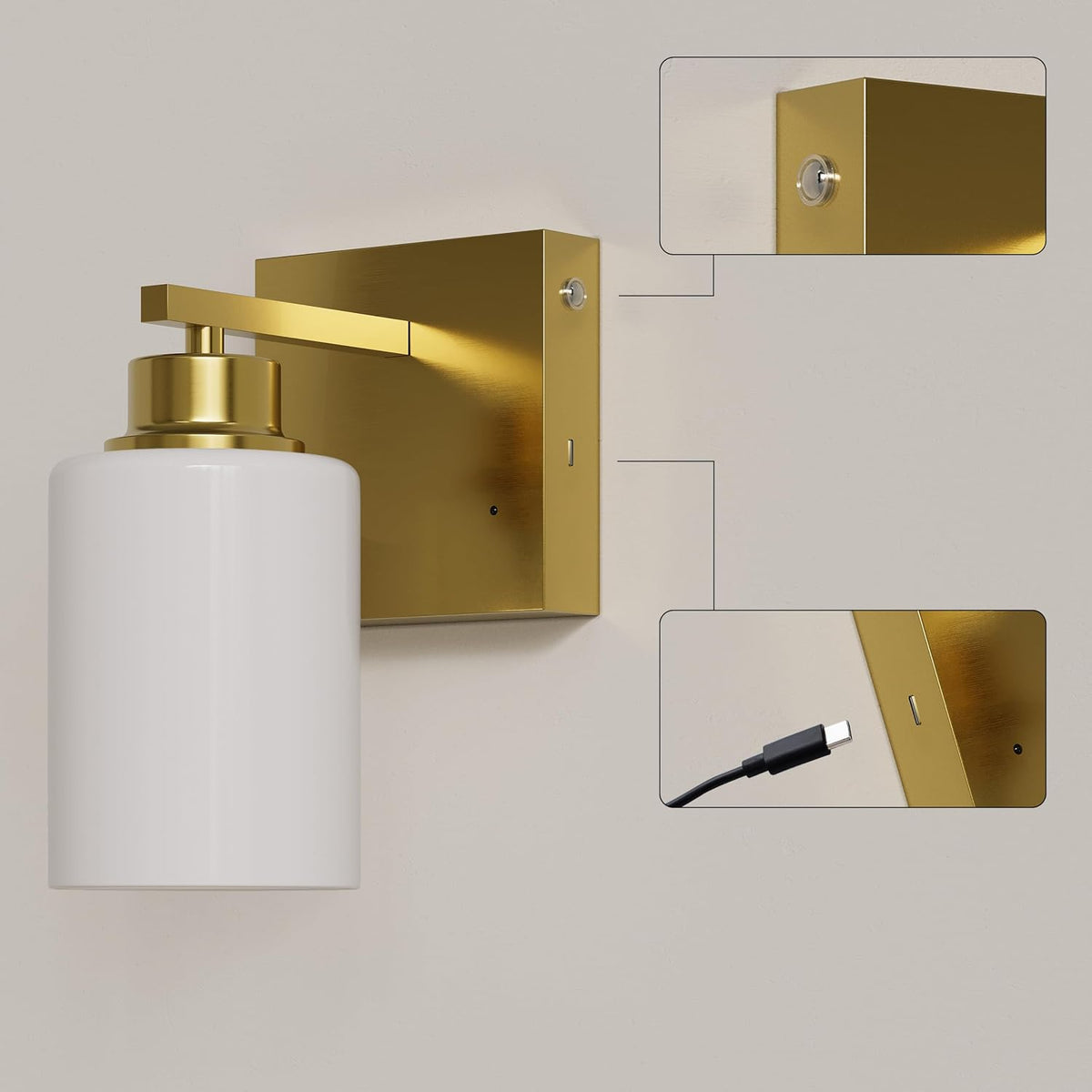 Wireless Battery Operated Wall Sconce Set of Two, Modern, White Glass, Gold | Dimmable, Easy Install Rechargeable Wall