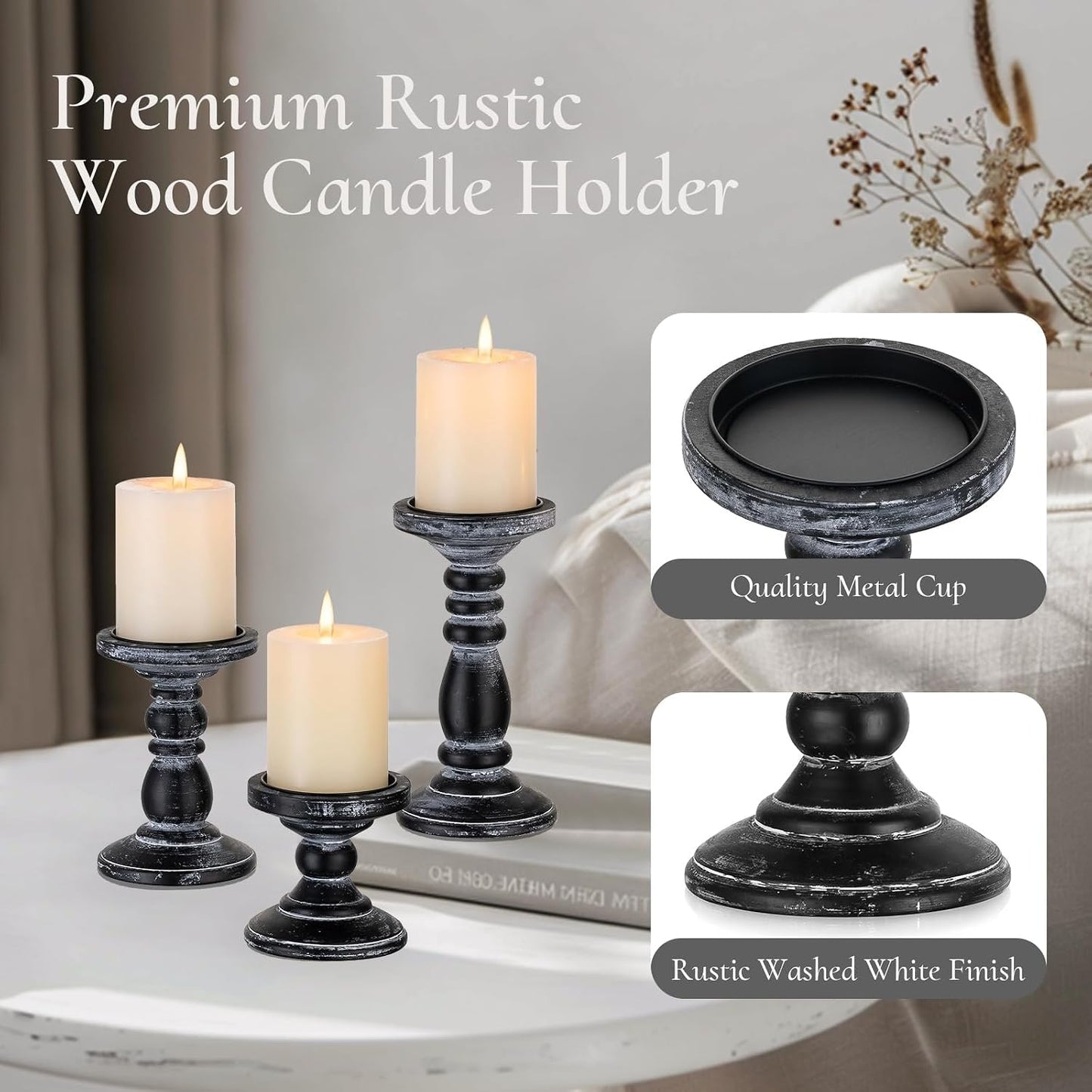 Wood Pillar Candle Holder: Rustic Distressed Black Candle Stand | Solid Pine Wooden Decor, for 3.15" Pillar, Farmhouse