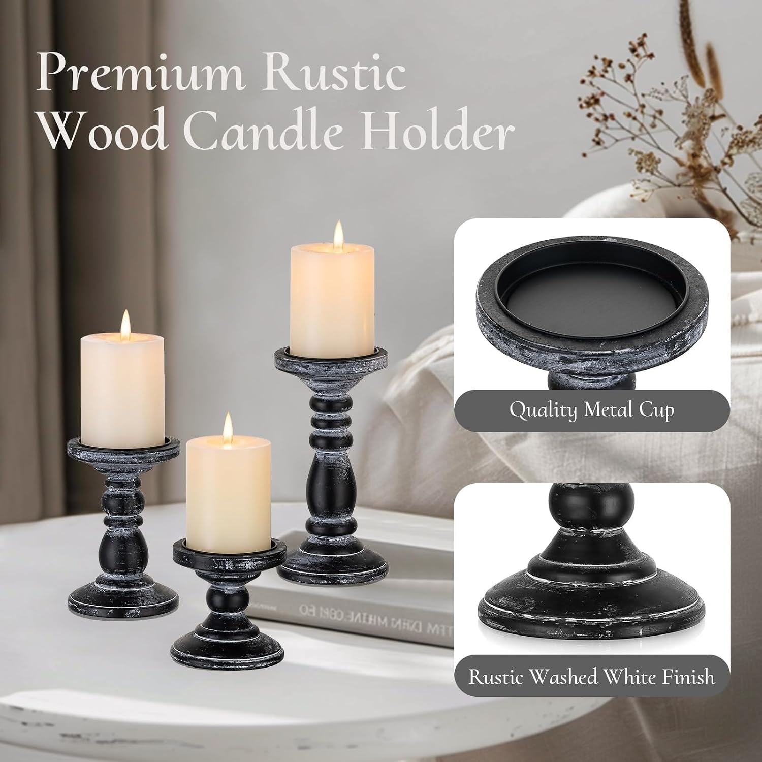 Wood Pillar Candle Holder: Rustic Distressed Black Candle Stand | Solid Pine Wooden Decor, for 3.15" Pillar, Farmhouse