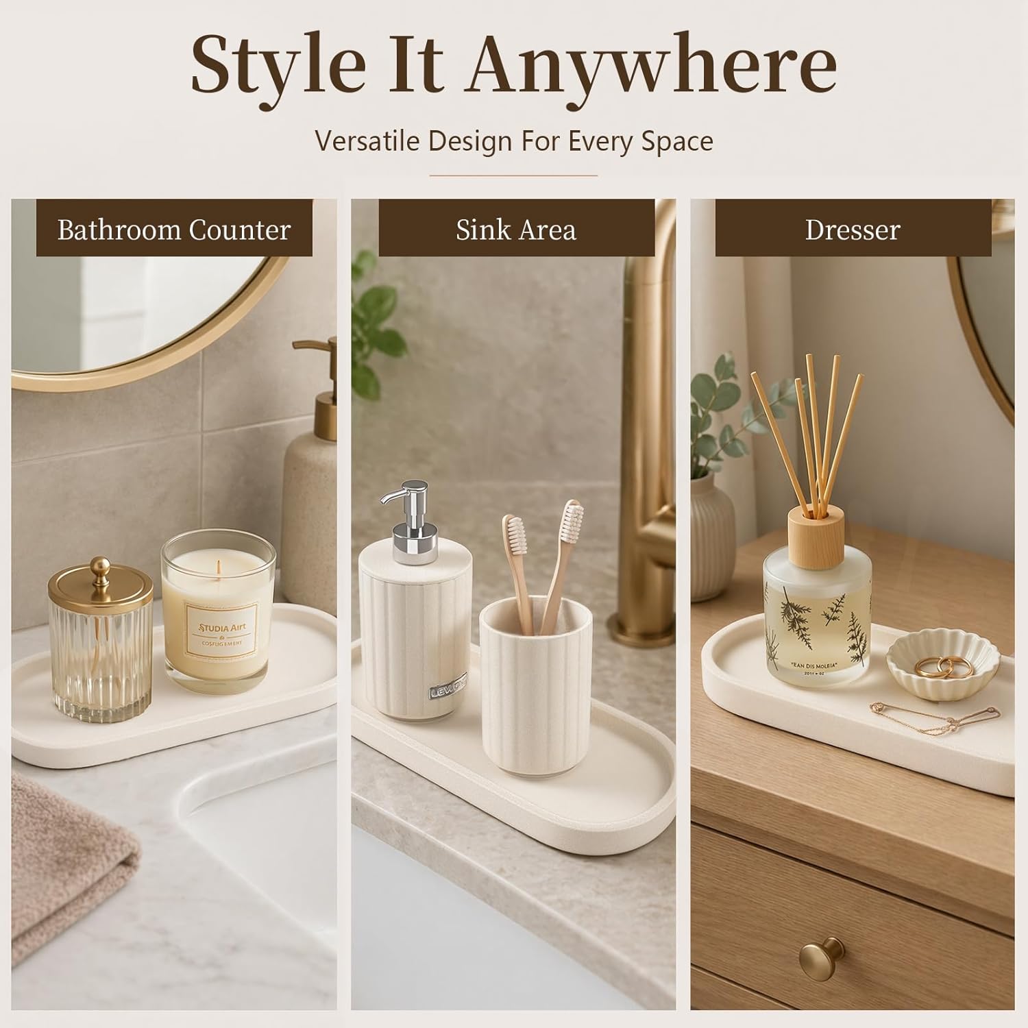 Bathroom Vanity Tray " Stone-Effect Bathroom Counter Tray for Countertop / Cream / 10.3 x 4.4