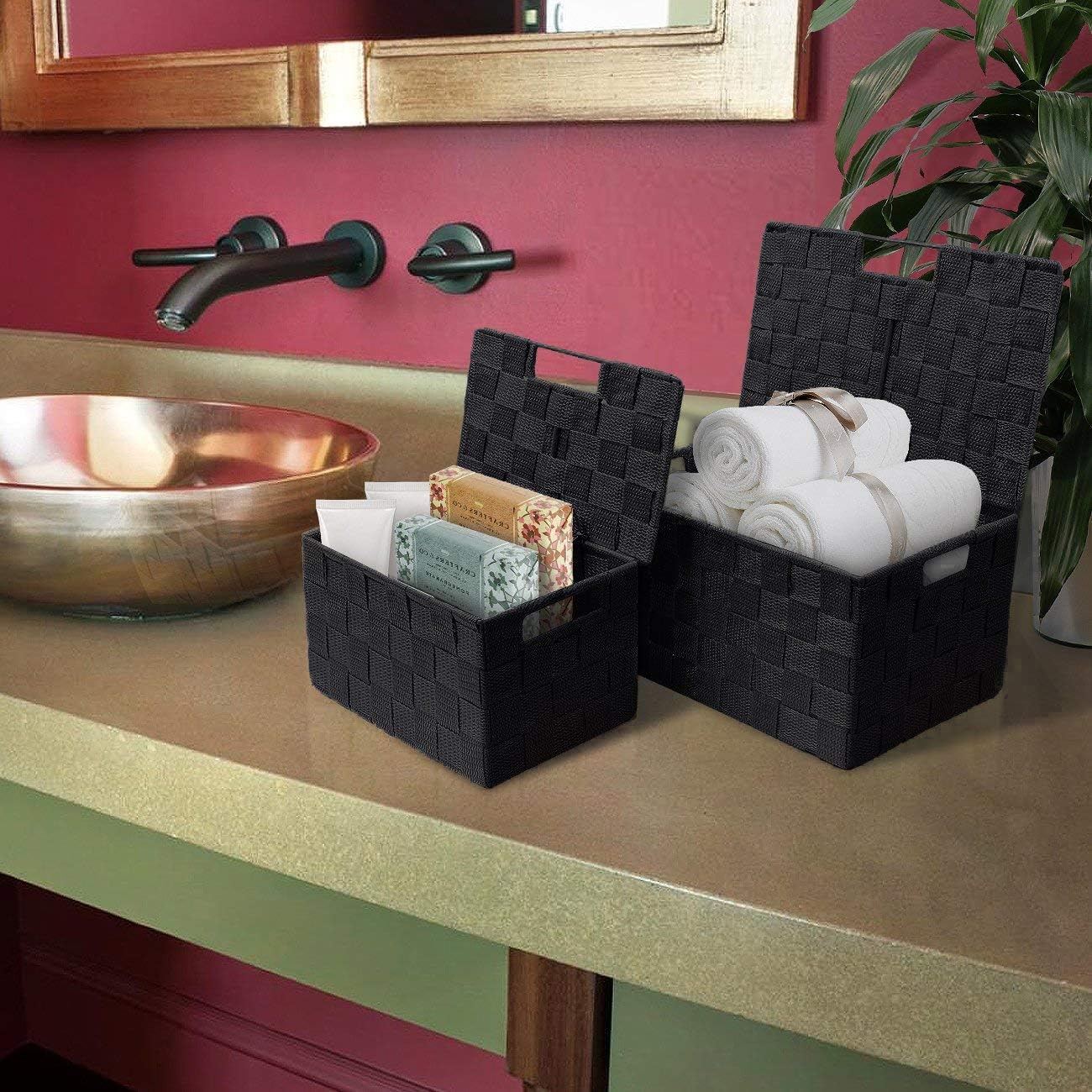 Woven Storage Baskets / Lid Bins / Black / Set of 3