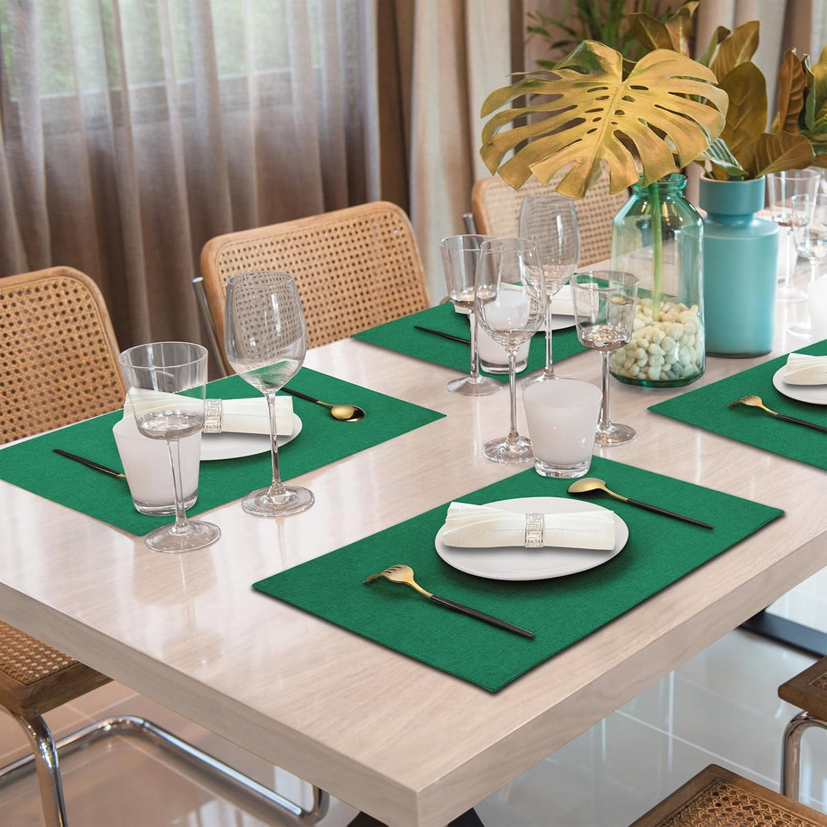Cloth Placemats Set of 6, Cotton Linen Blend Place Mats, Green | Machine Washable, Double Layered, Heat Resistant