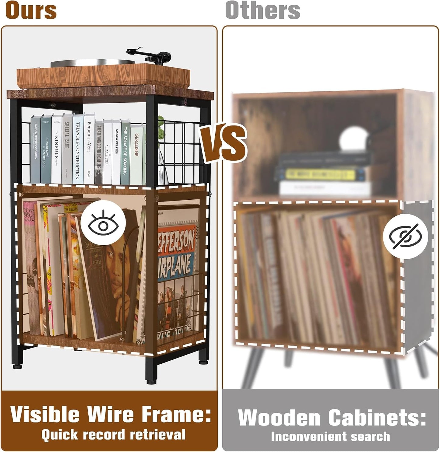 Vinyl Record Player Stand 3 Tier End Table with Double Layer Black | Turntable Record Stand Storage Up to 100 Albums
