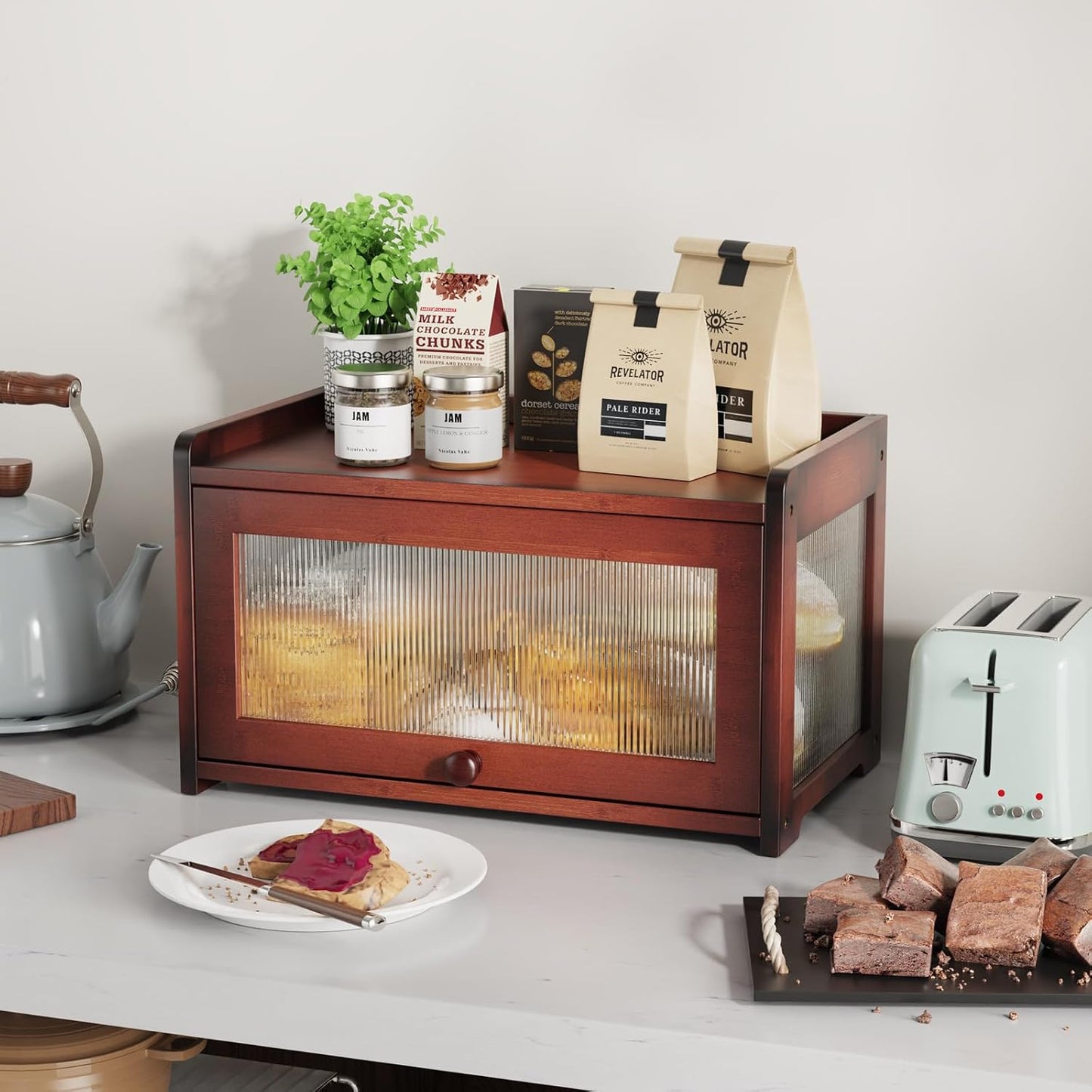 BAMBANG Bamboo Bread Box for Kitchen Countertop, Extra Large Farmhouse Bread Box with 4-Side Clear Panels, Wooden Bread