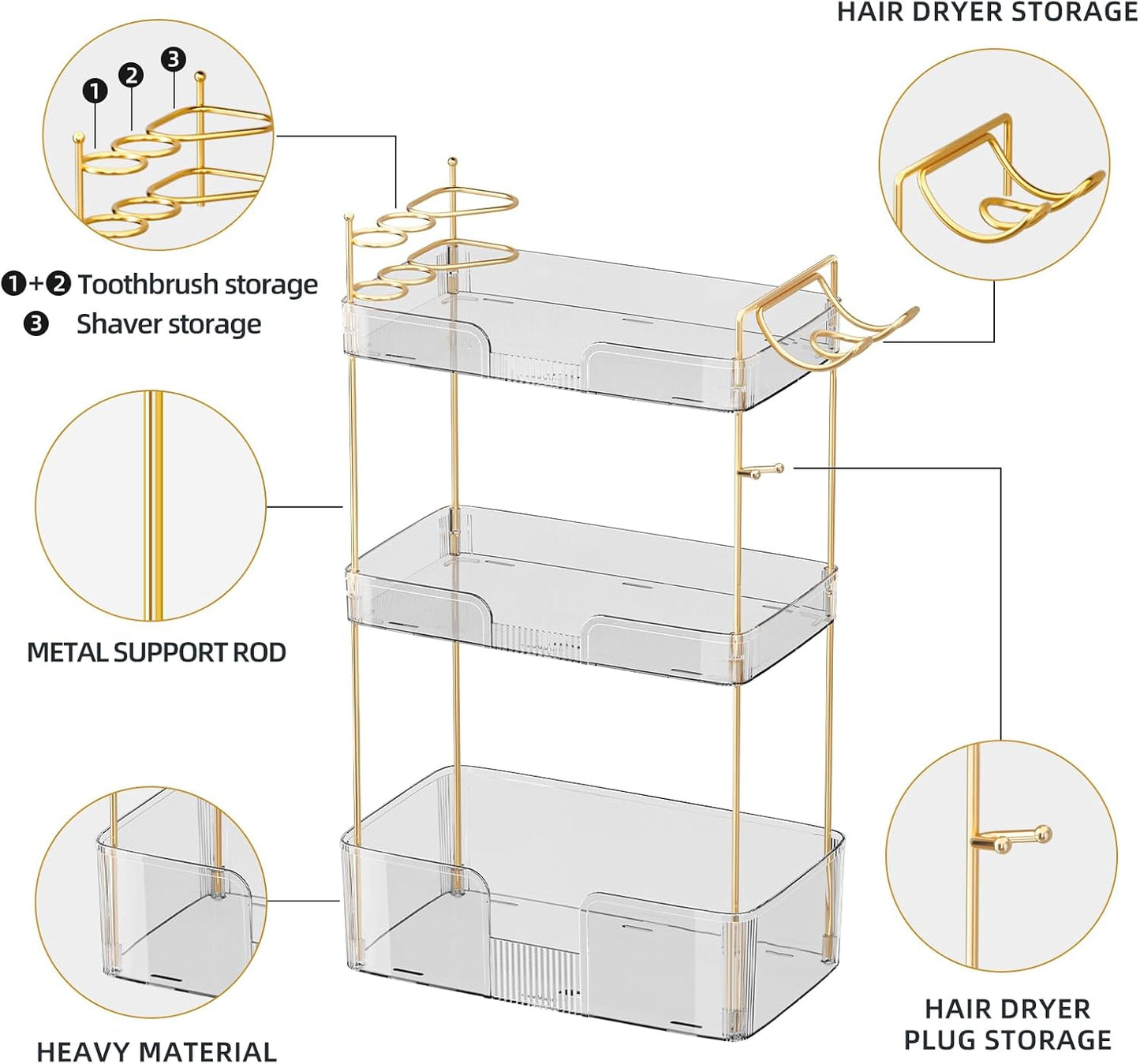 Akinbas 3 Tier Bathroom Organizer Countertop Makeup Perfume Tray Skincare Organizer Comes with Hair Dryer Rack and
