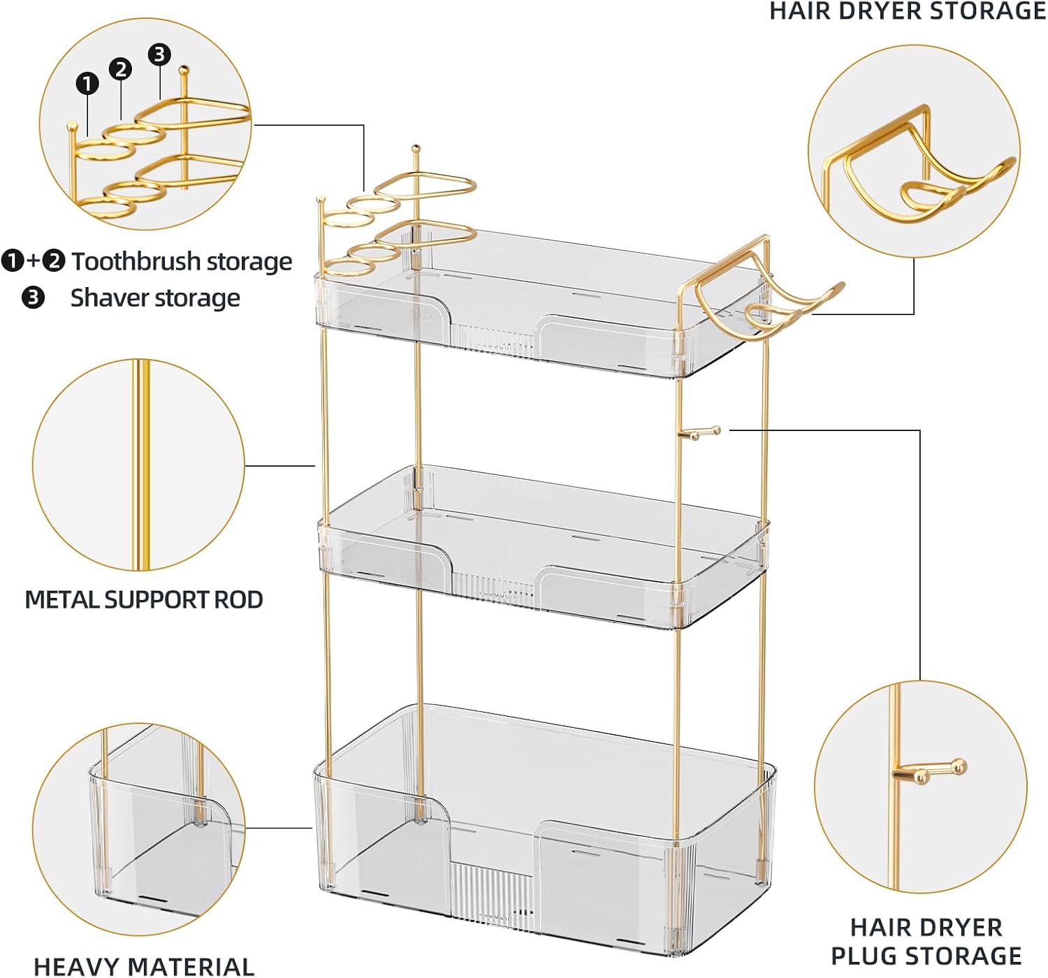 Akinbas 3 Tier Bathroom Organizer Countertop Makeup Perfume Tray Skincare Organizer Comes with Hair Dryer Rack and