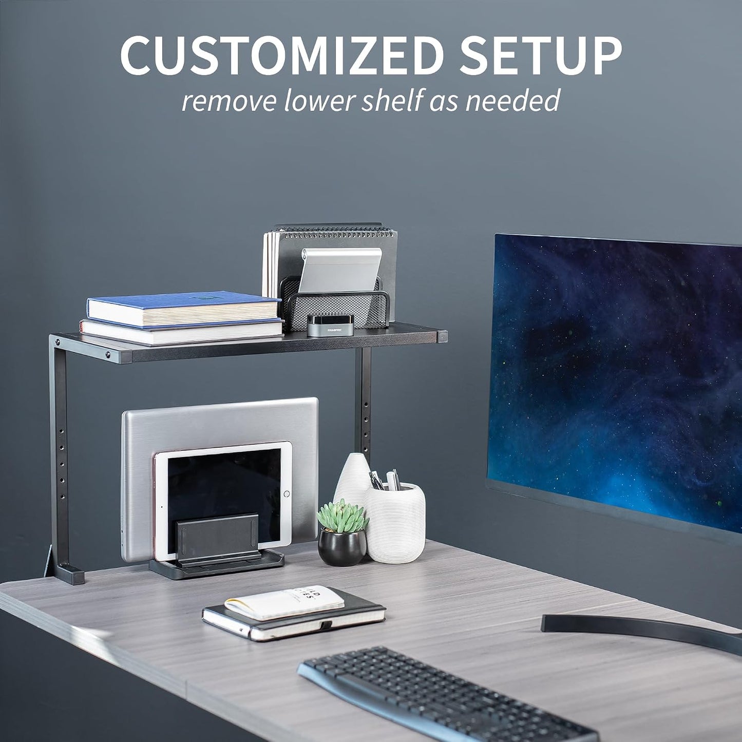 VIVO Black Clamp-on 24 inch 2-Tier Desk Shelf, STAND-SHELF24C | Above or Below Desk, 2 Level Shelving Unit for Table