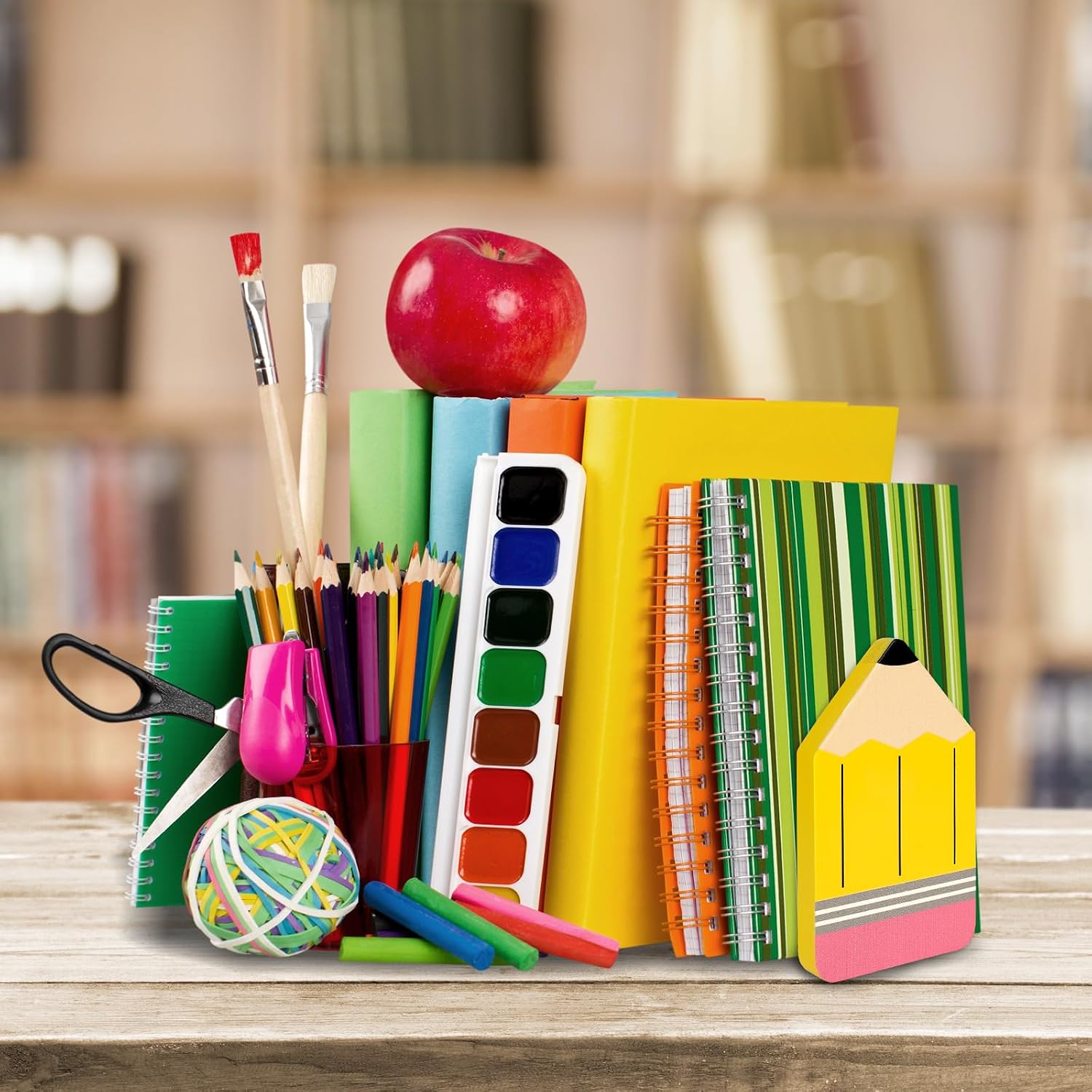 Pencil Wood Bookends Back to School Pencil Wooden Book Stands Non Skid Book / Yellow / Set of 2
