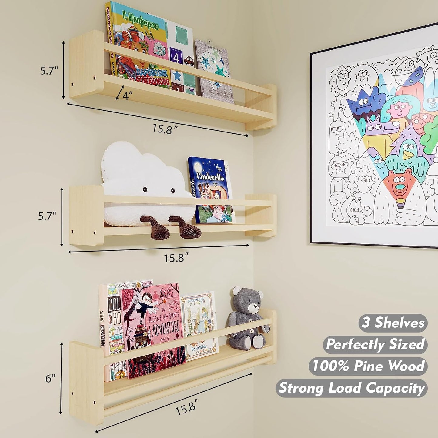 Pine Wood Nursery Shelves / Wooden / 16 In