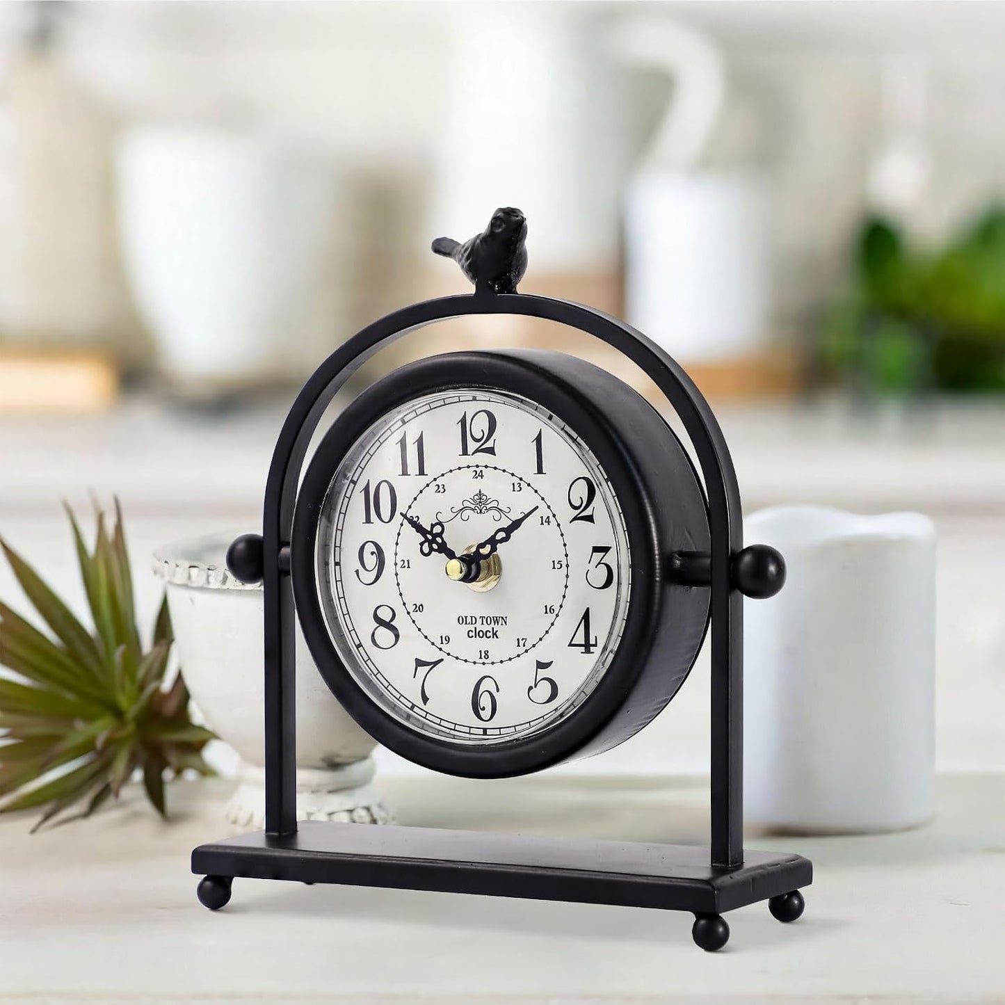Vintage Farmhouse Table Clock with Bird Topper, Silent Non-Ticking Mantel Clock with Closable Back Cover, Black Iron
