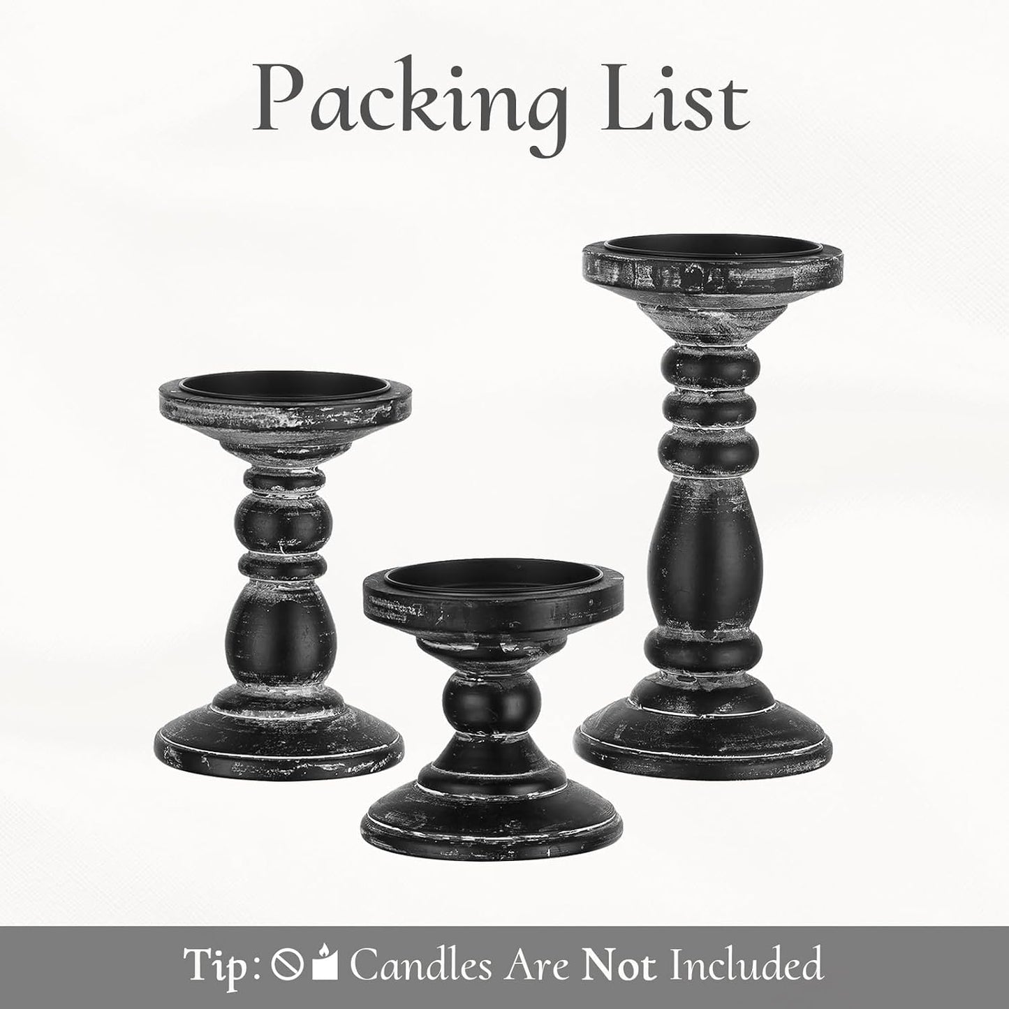 Wood Pillar Candle Holder: Rustic Distressed Black Candle Stand | Solid Pine Wooden Decor, for 3.15" Pillar, Farmhouse