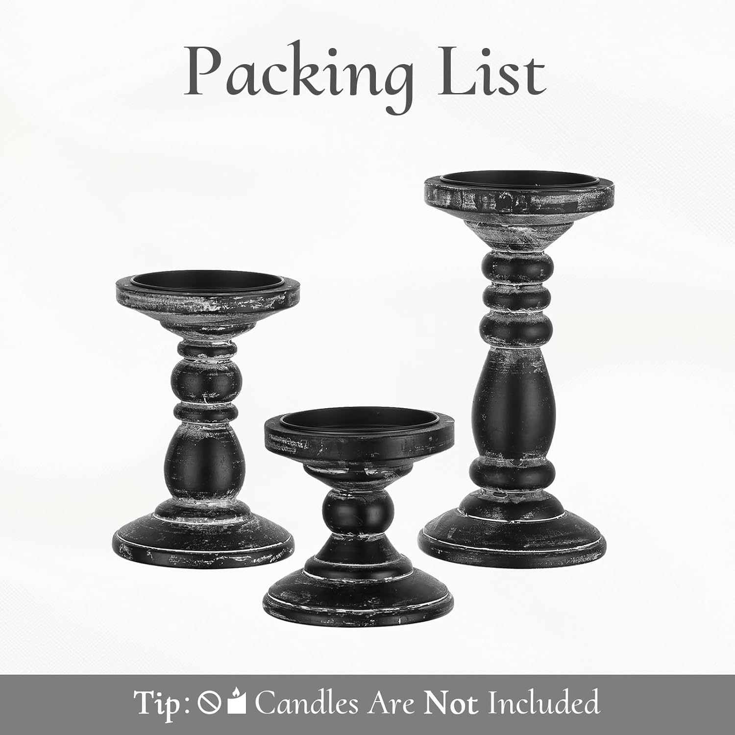 Wood Pillar Candle Holder: Rustic Distressed Black Candle Stand | Solid Pine Wooden Decor, for 3.15" Pillar, Farmhouse