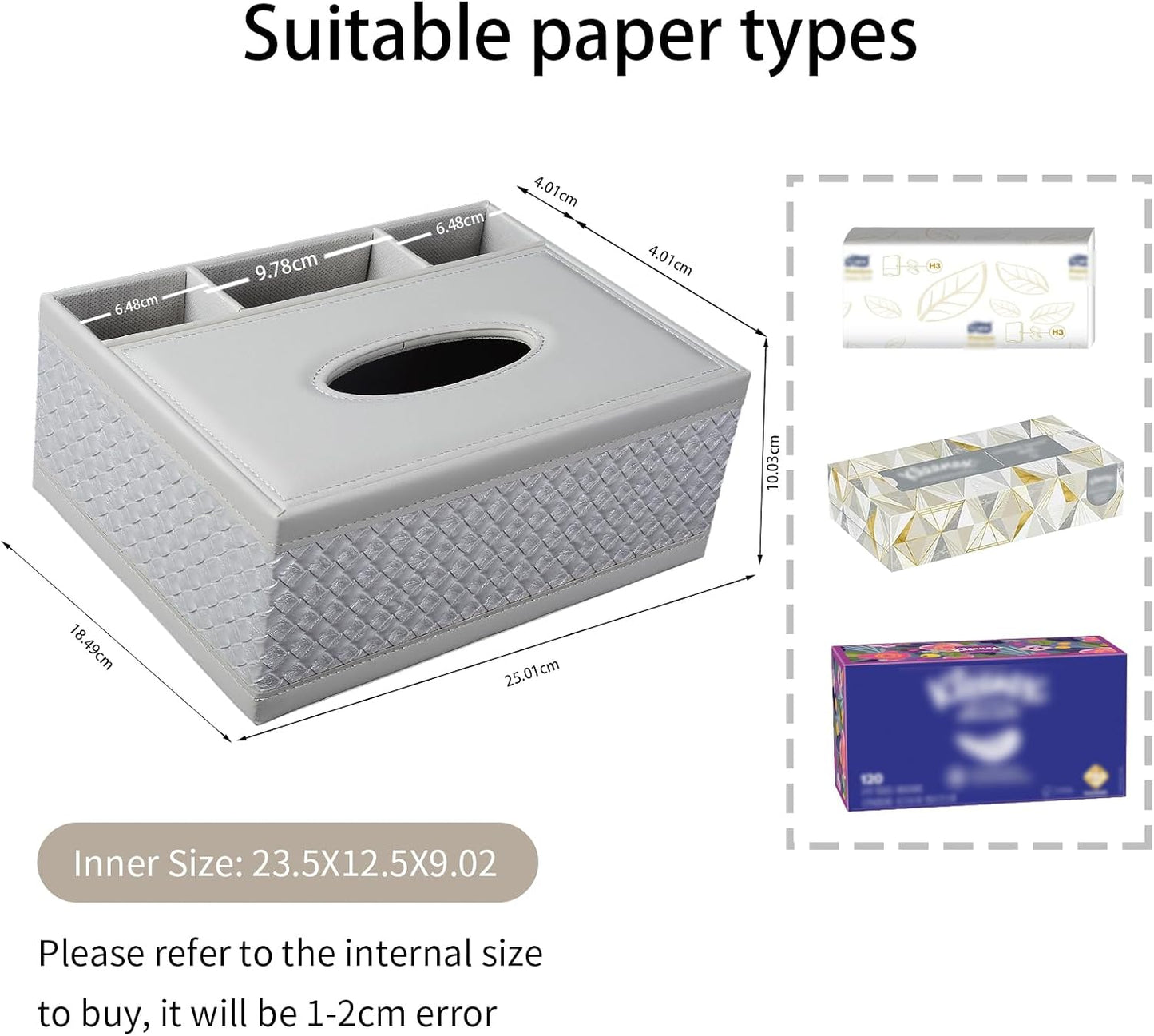 Tissue Box Cover Rectangle White Kleenex Box Holder PU Leather Facial Tissue Organizer,Multifunctional Remote Control