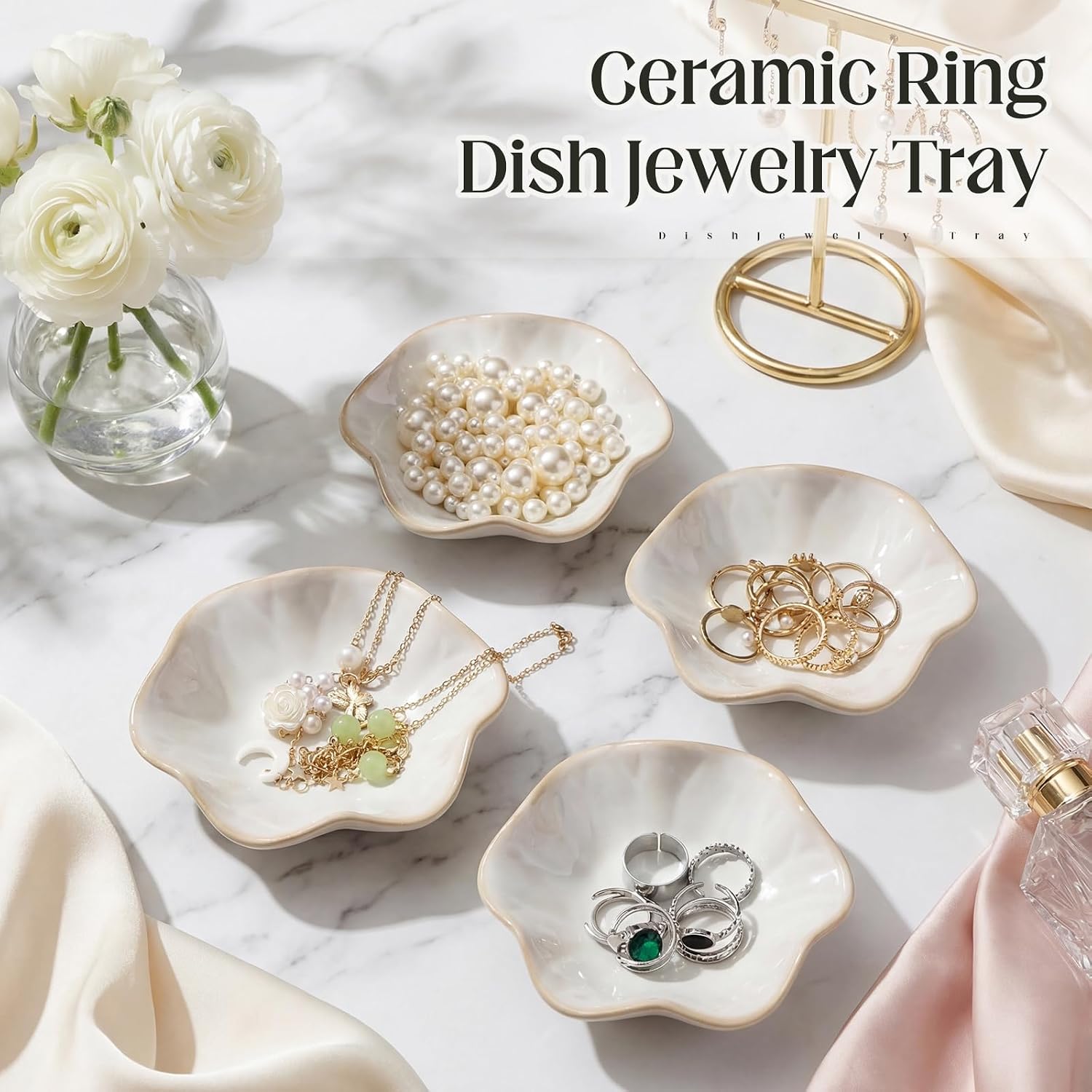 Small Jewelry Dish Trinket Holder Tray for Rings Earrings Key Bowl / White / Ceramic / Set of 4