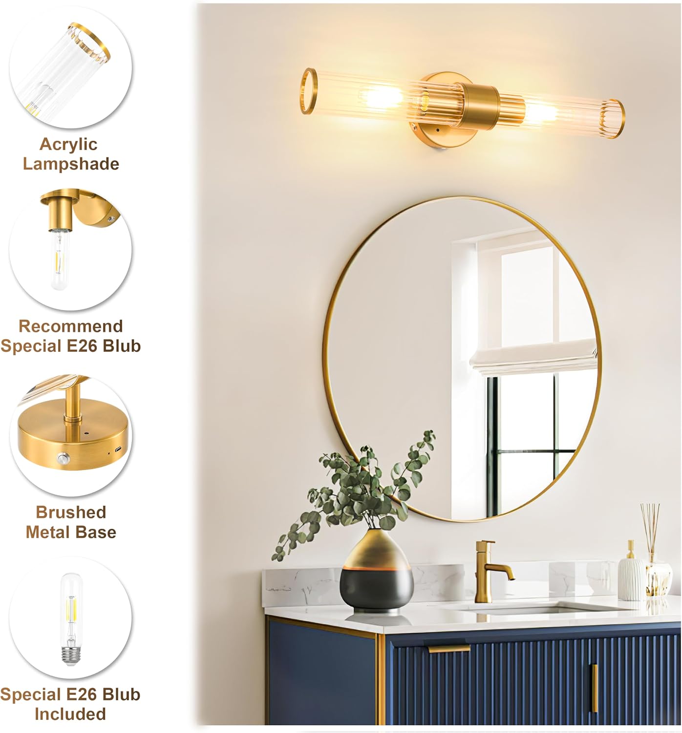 Gold Battery Operated Wall Sconces Set of Two, Dimmable Rechargeable Sconce | Wireless Wall Light with Remote Control